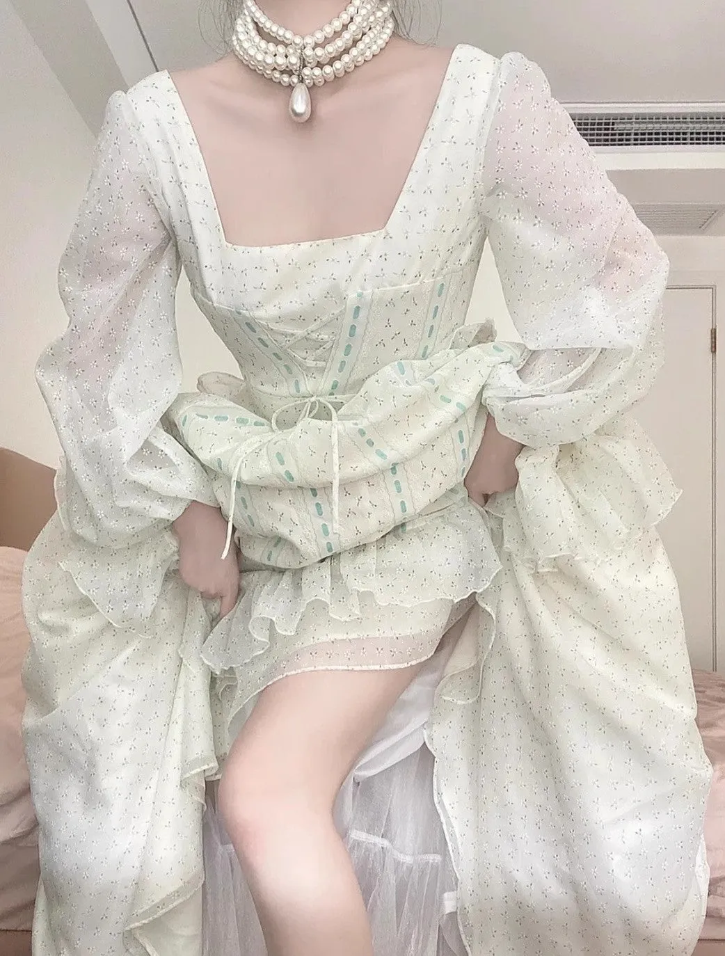 1900s Royalcore Square Collar Puff Sleeves Dress