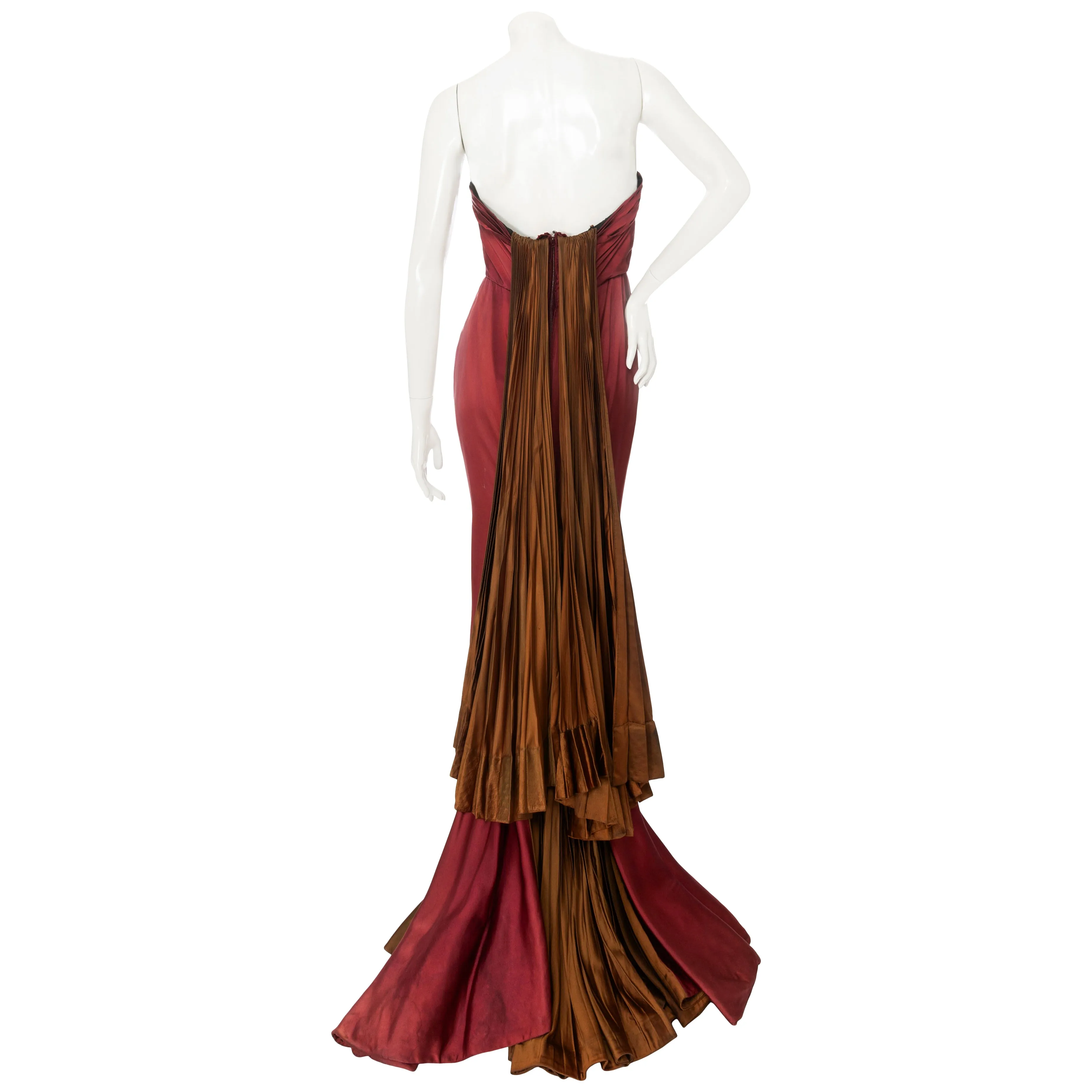 1950s Burgundy and Brown Satin Strapless Fan Pleated Gown