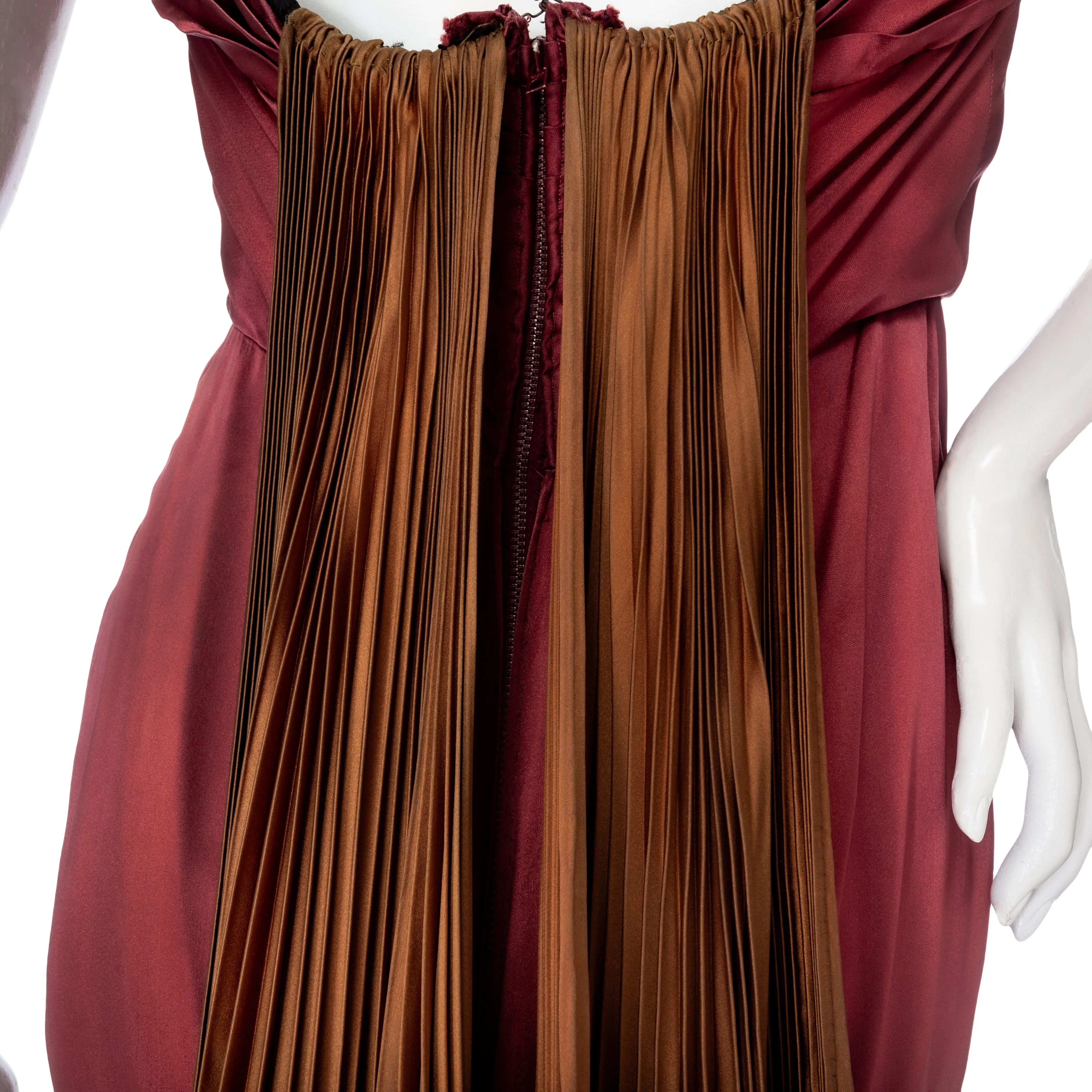 1950s Burgundy and Brown Satin Strapless Fan Pleated Gown