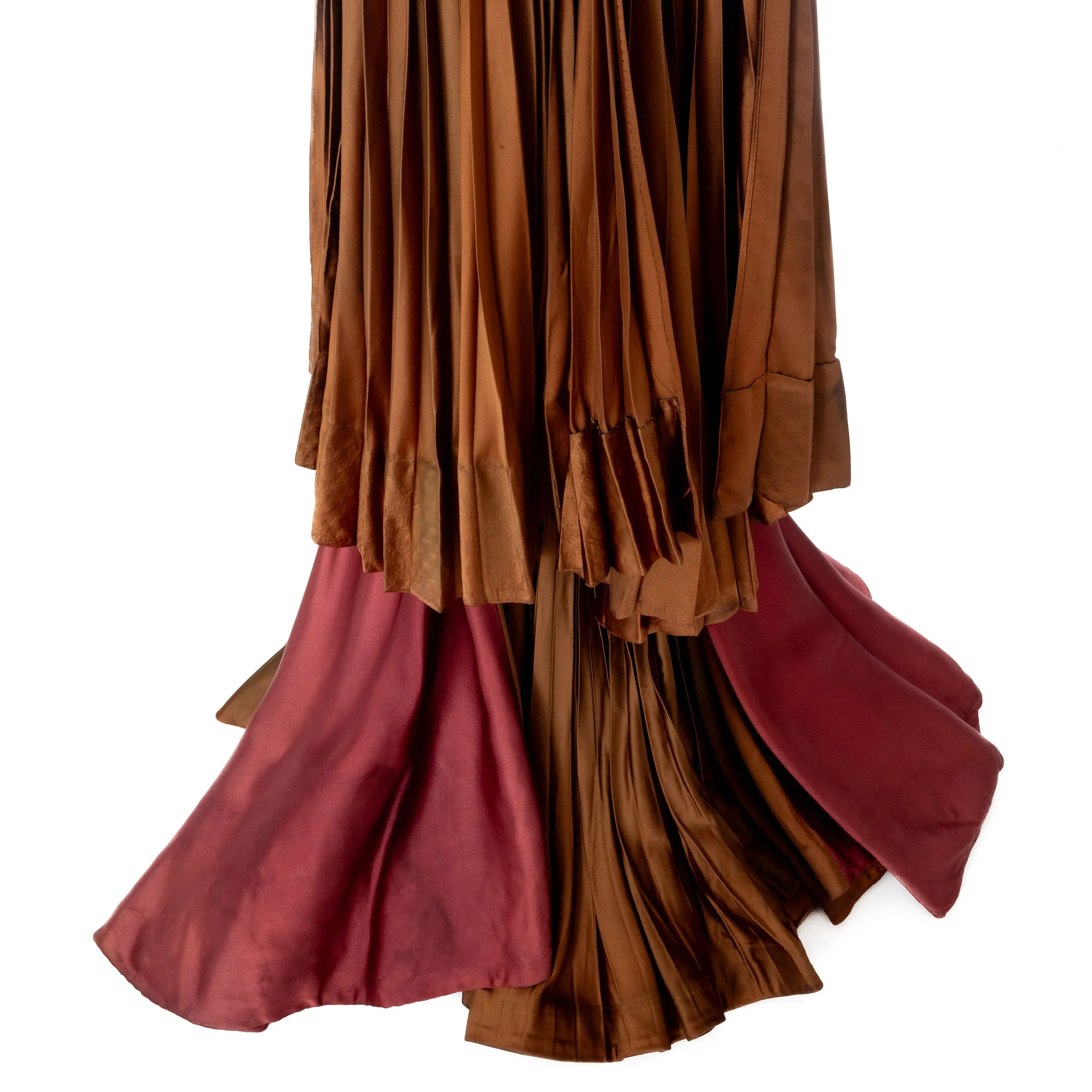 1950s Burgundy and Brown Satin Strapless Fan Pleated Gown