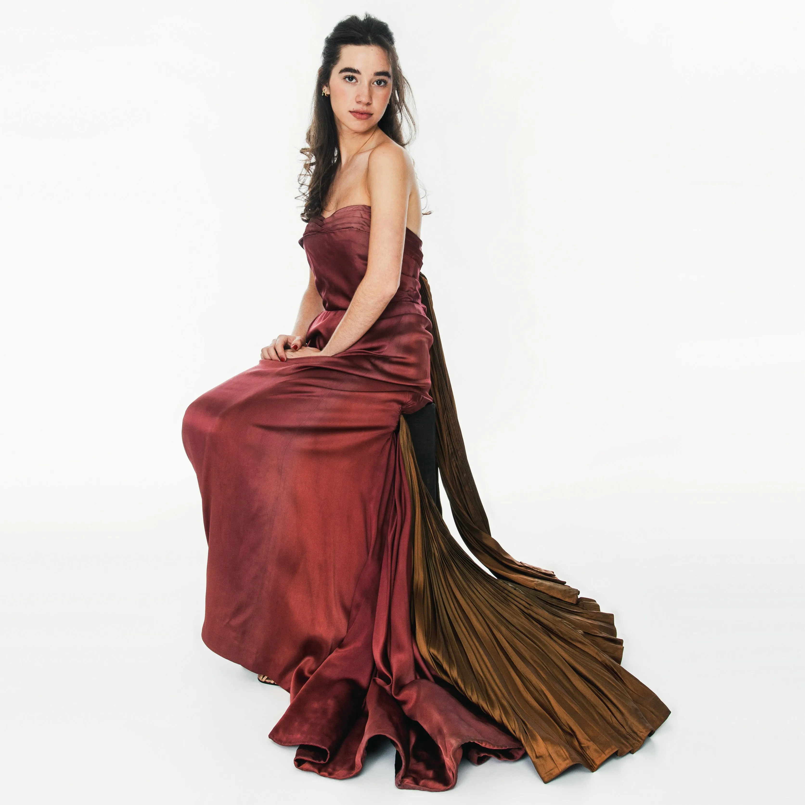 1950s Burgundy and Brown Satin Strapless Fan Pleated Gown