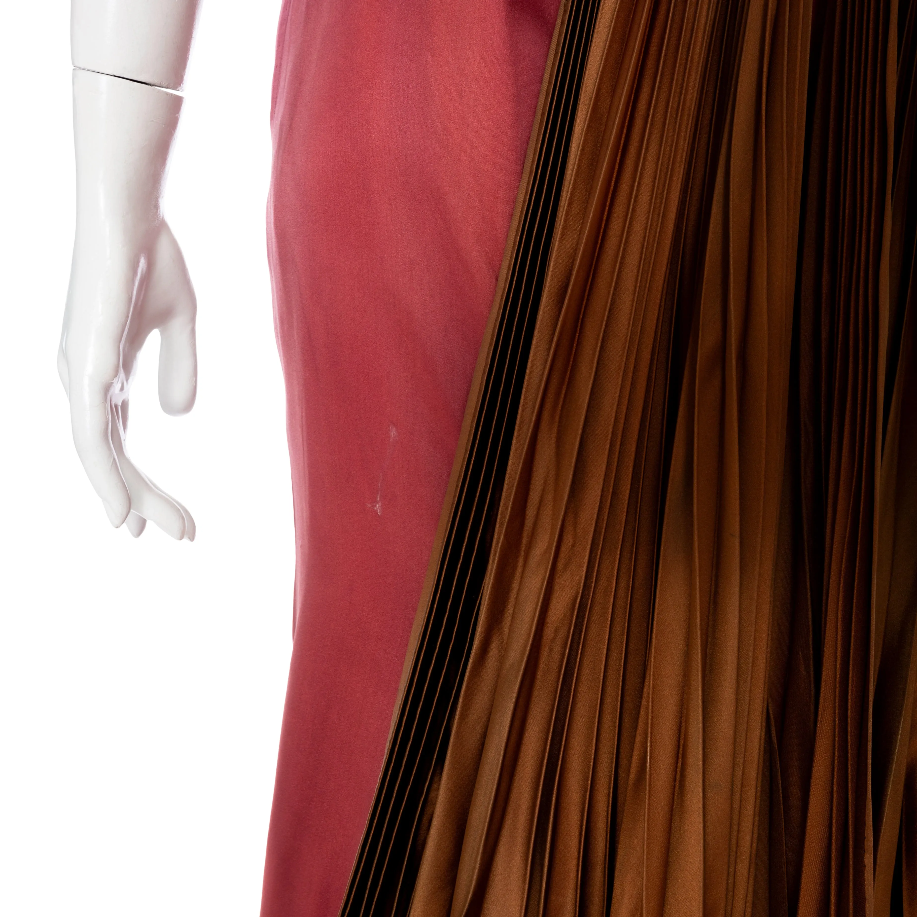 1950s Burgundy and Brown Satin Strapless Fan Pleated Gown