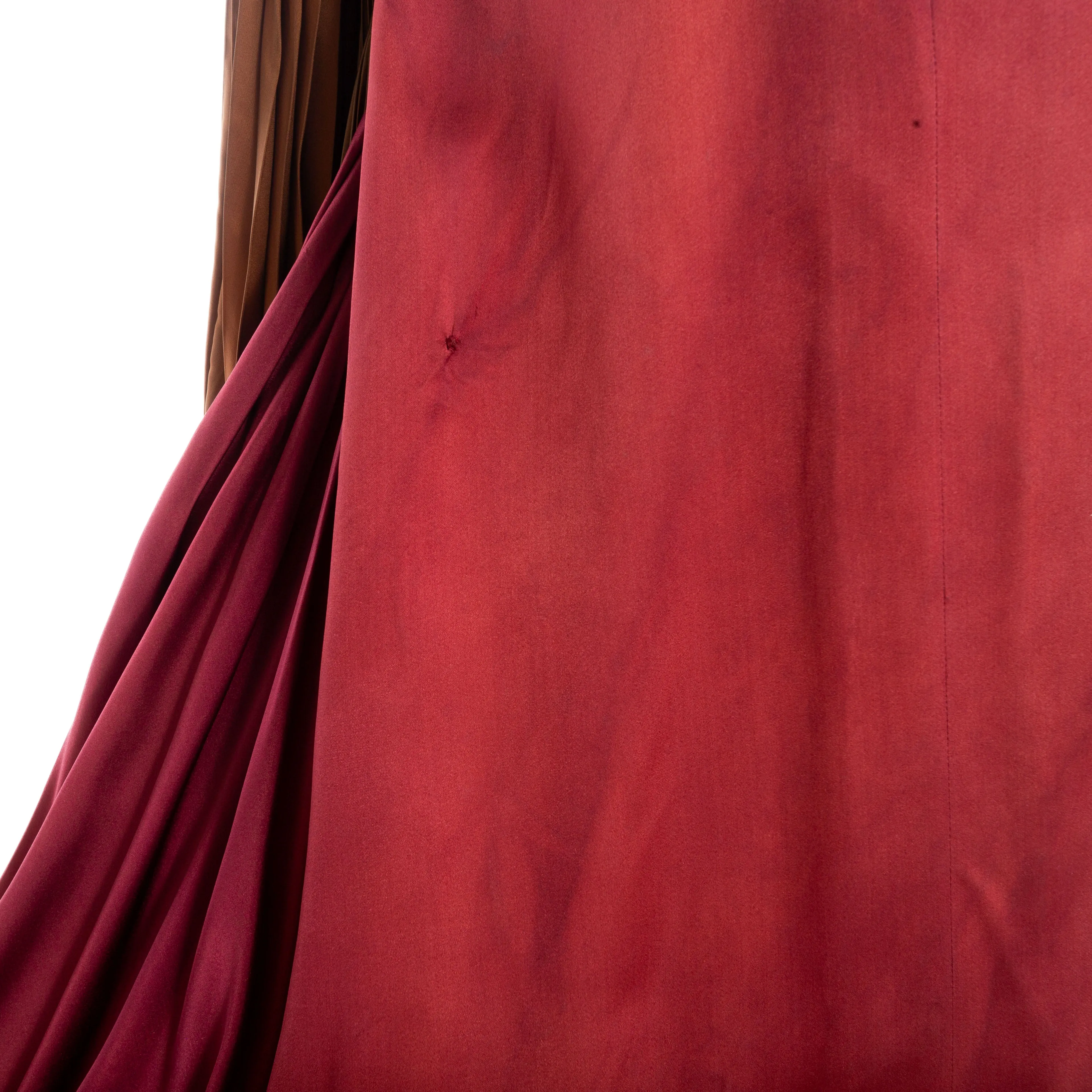 1950s Burgundy and Brown Satin Strapless Fan Pleated Gown