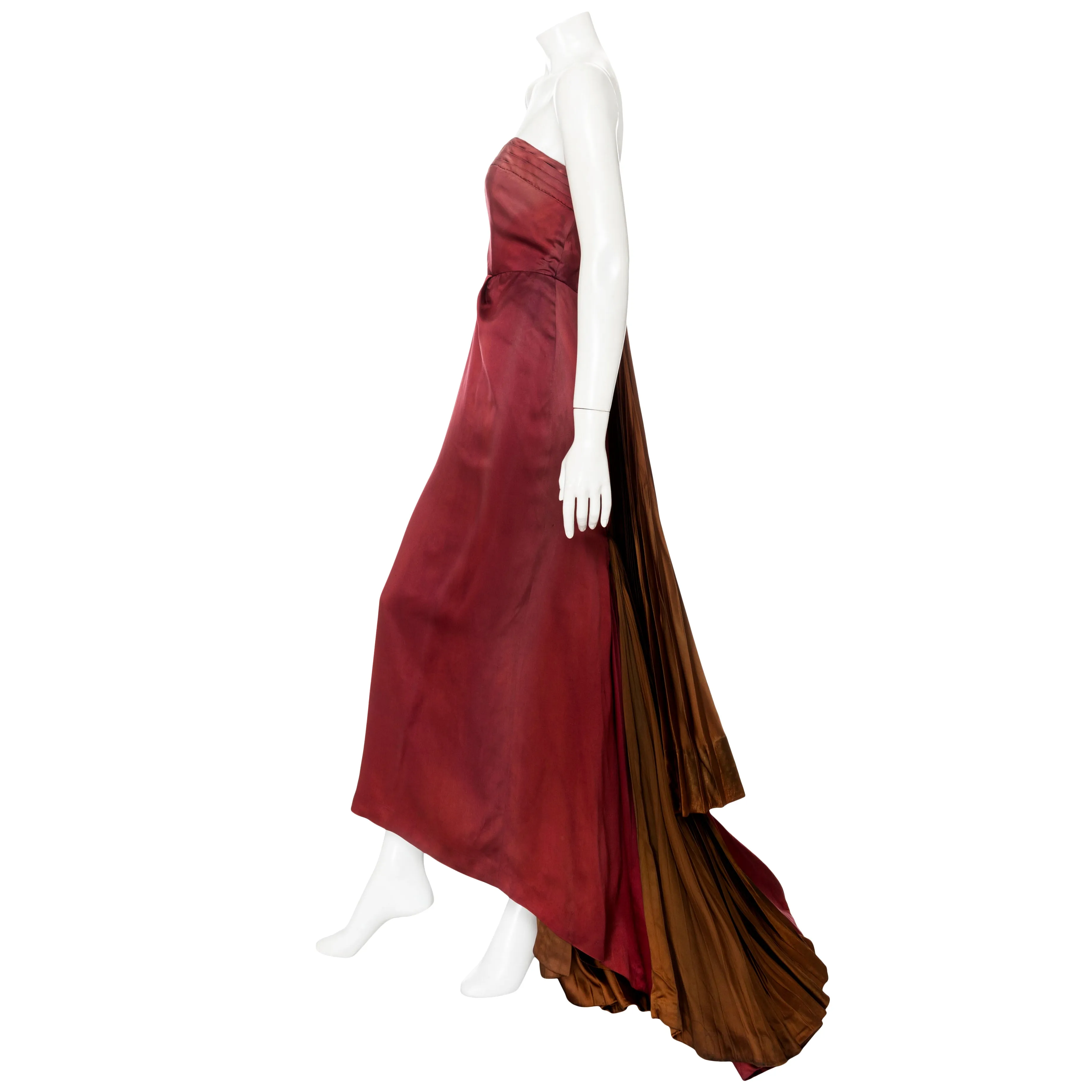 1950s Burgundy and Brown Satin Strapless Fan Pleated Gown