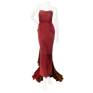 1950s Burgundy and Brown Satin Strapless Fan Pleated Gown