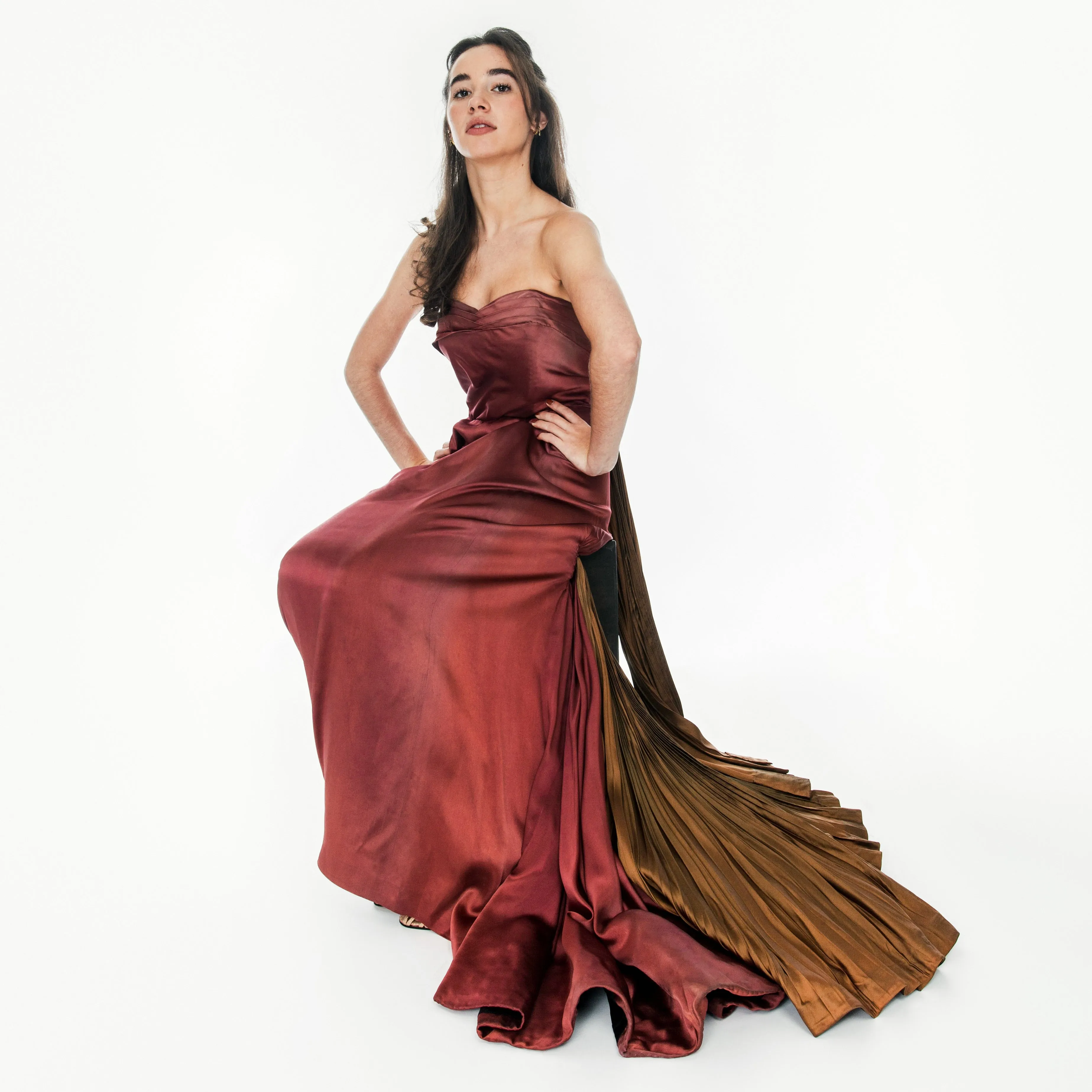 1950s Burgundy and Brown Satin Strapless Fan Pleated Gown