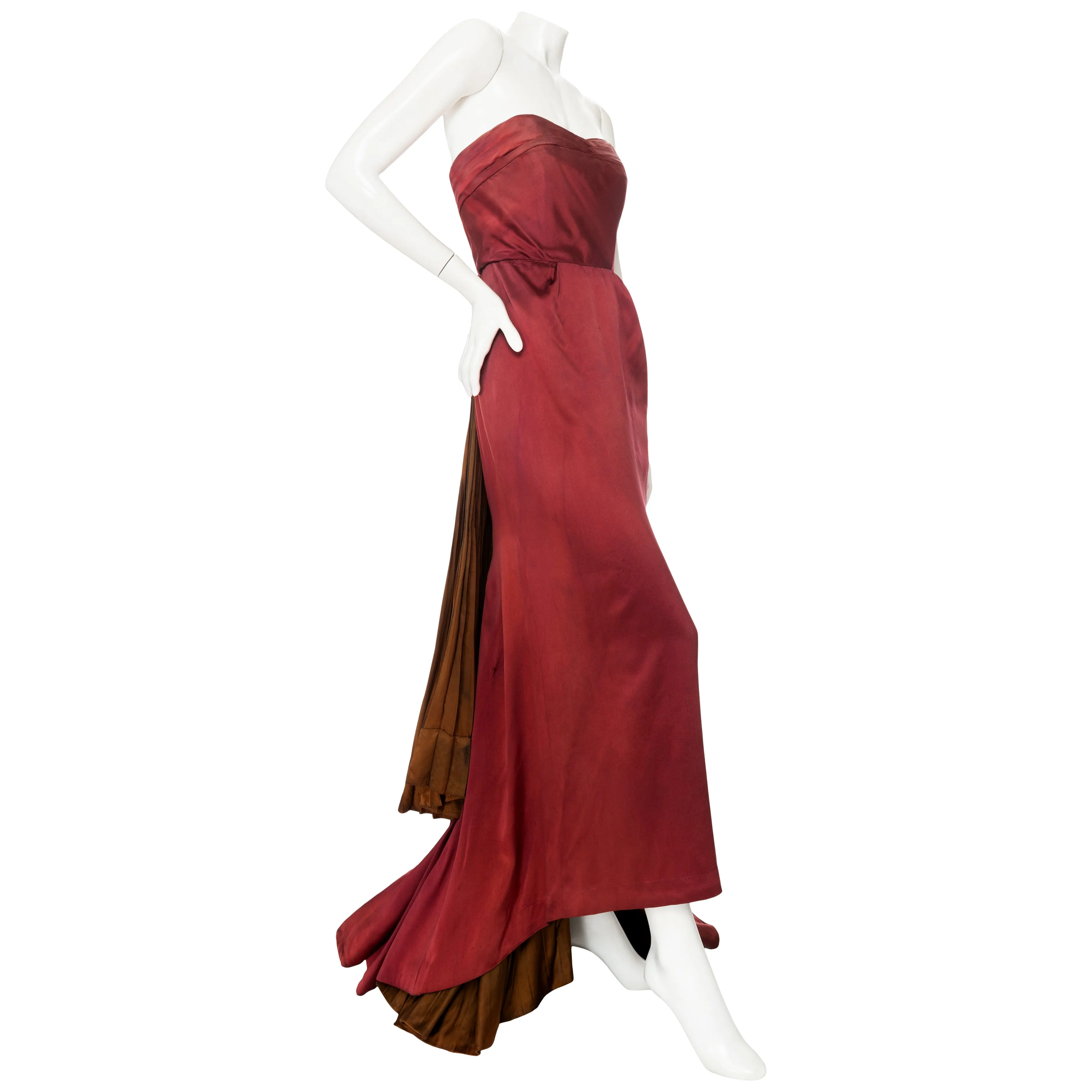 1950s Burgundy and Brown Satin Strapless Fan Pleated Gown