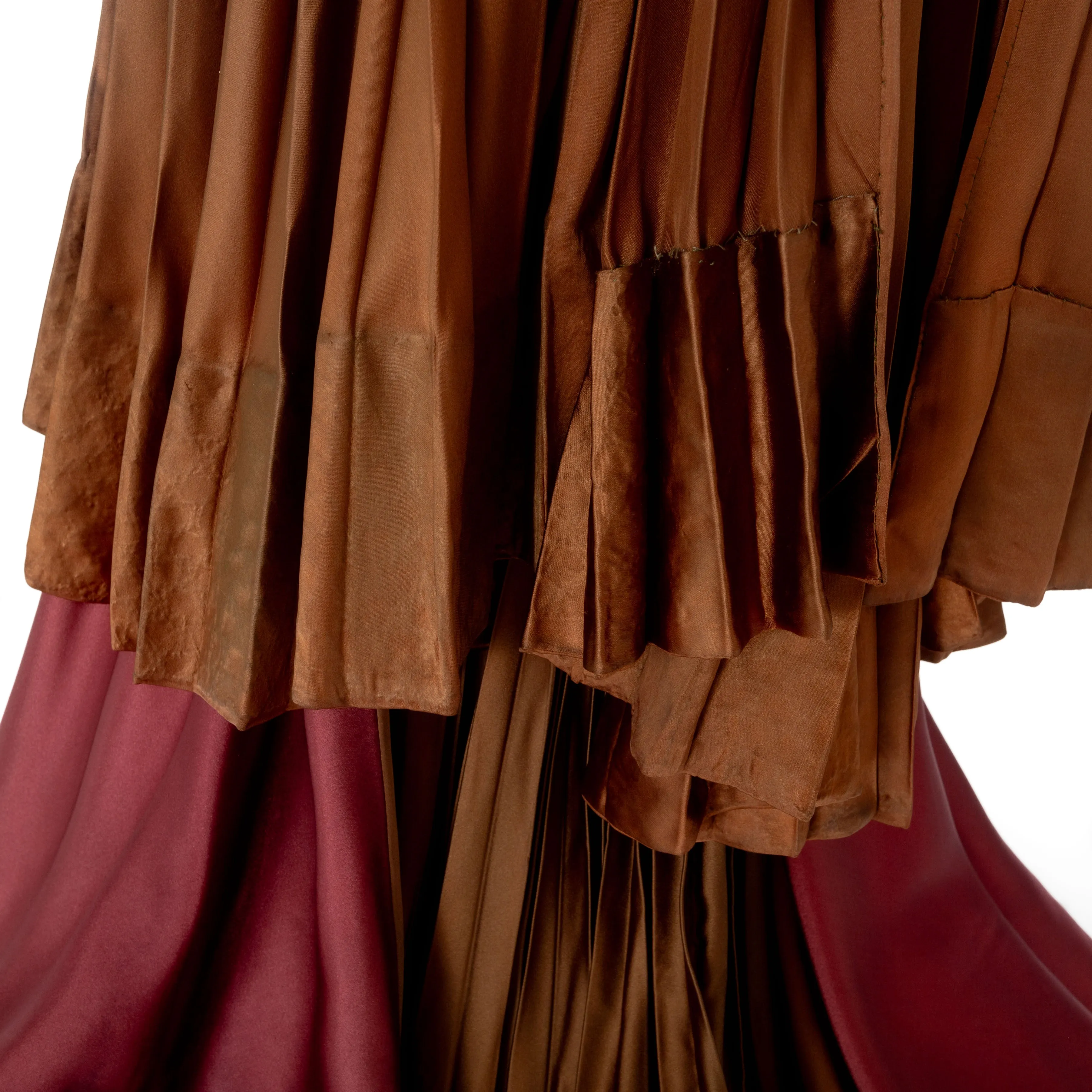 1950s Burgundy and Brown Satin Strapless Fan Pleated Gown