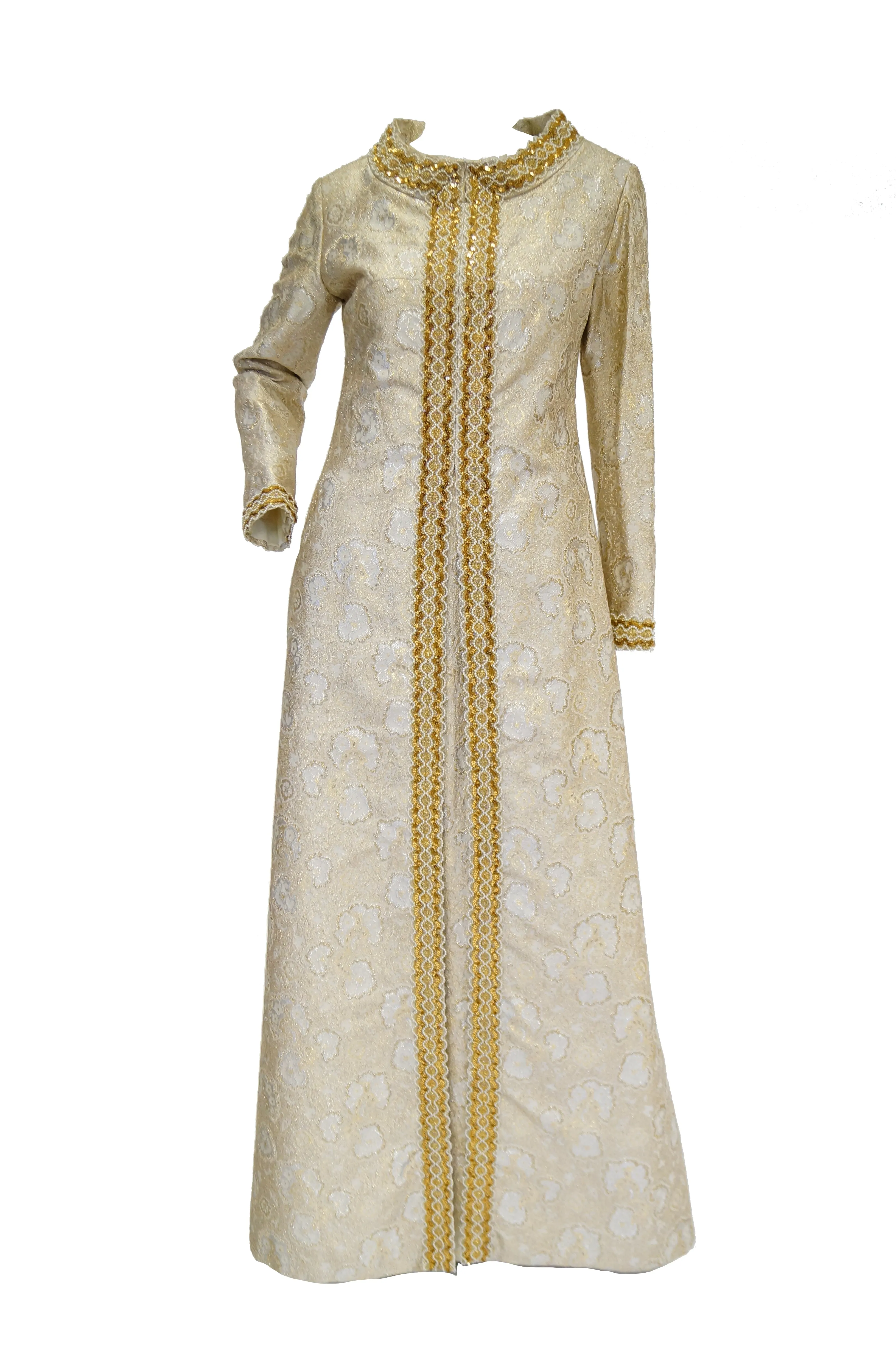 1960s Couture Metallic Gold Brocade Maxi Dress with Sequin and Pearl Bead Detail