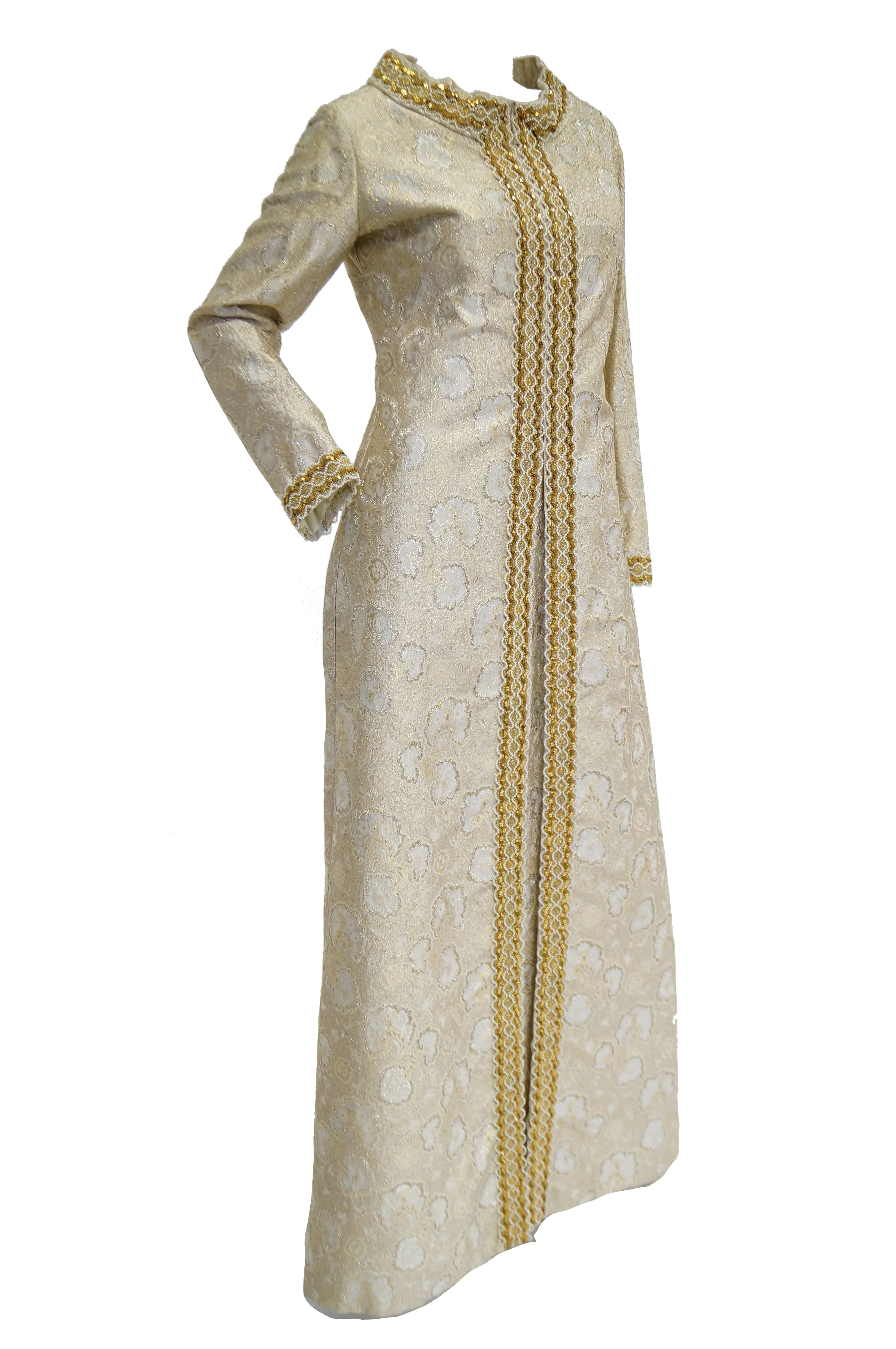 1960s Couture Metallic Gold Brocade Maxi Dress with Sequin and Pearl Bead Detail