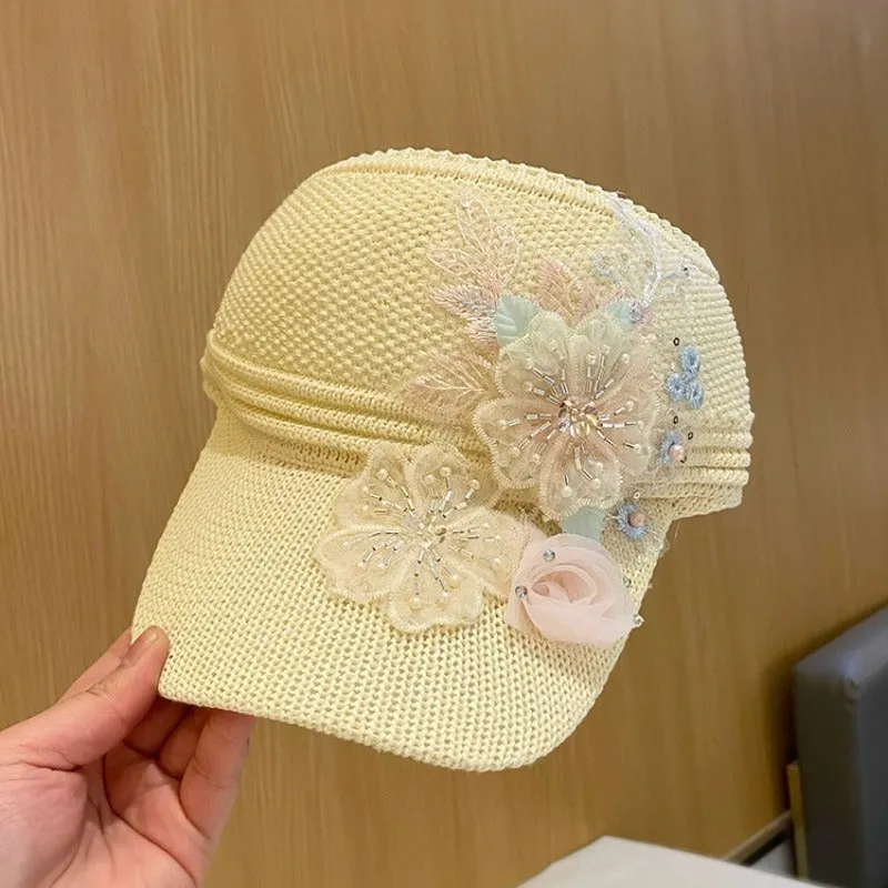 1pc Stylish Floral Embellished Knit Fabric Breathable Mesh Baseball Cap - Adjustable, Elastic, Hand Washable, Spring/Summer Open Top Sun Visor Hat for Women - Fashionable and Comfortable Accessory