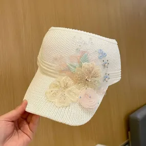 1pc Stylish Floral Embellished Knit Fabric Breathable Mesh Baseball Cap - Adjustable, Elastic, Hand Washable, Spring/Summer Open Top Sun Visor Hat for Women - Fashionable and Comfortable Accessory