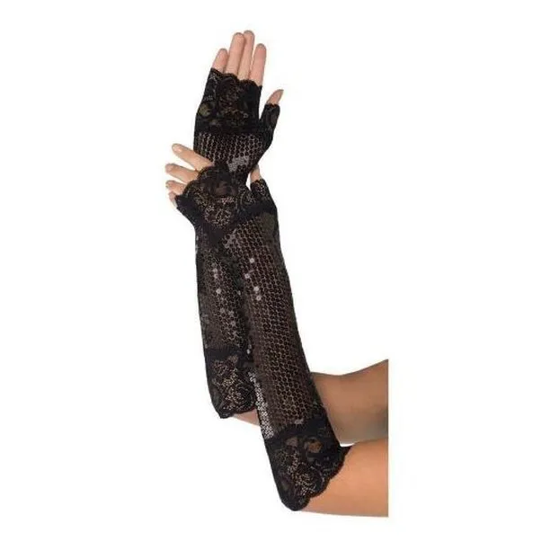 20s Long Fingerless Lace Gloves Black