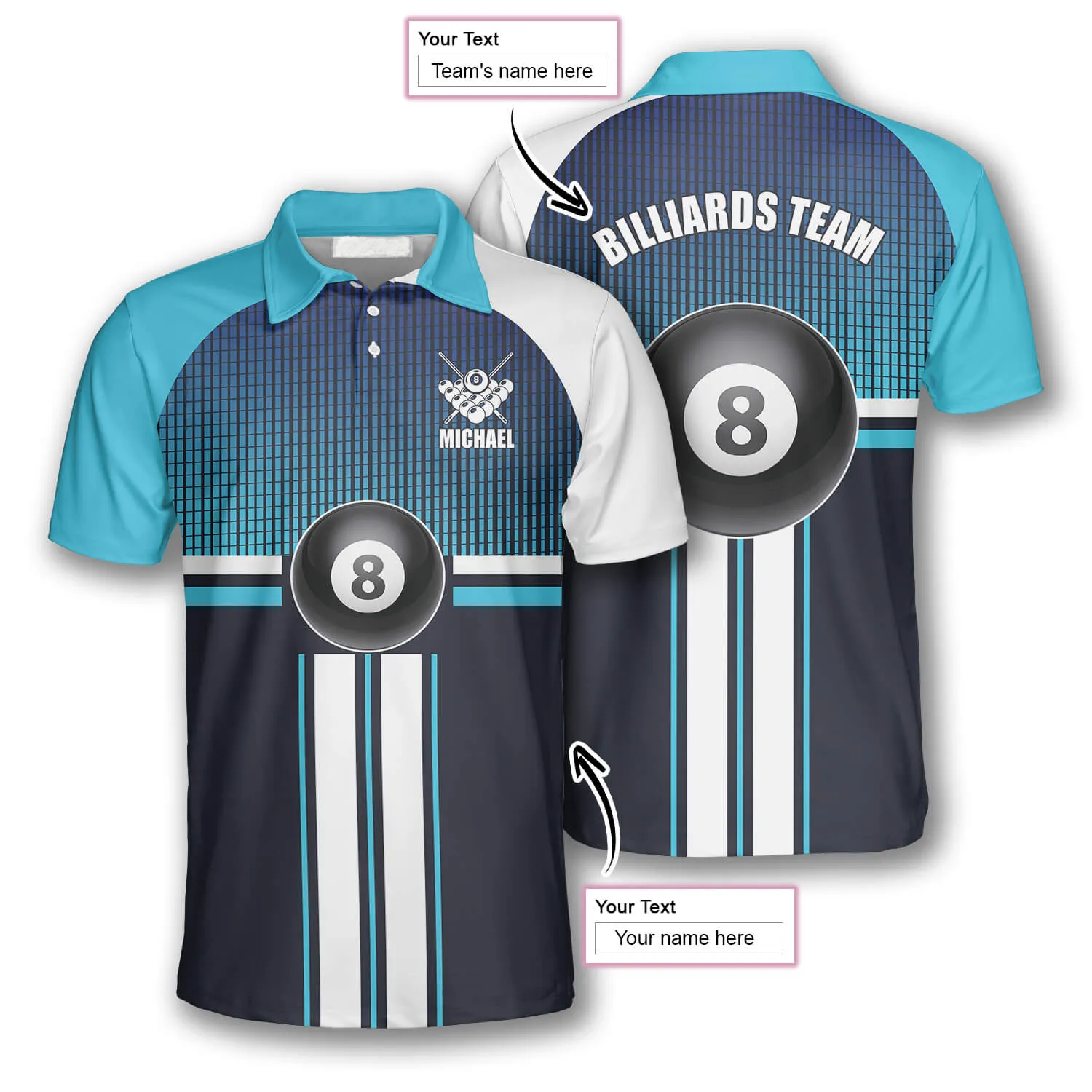 3D All Over Print Billiard 8 Ball Gradient Light Blue Custom Billiard Polo Shirts for Men