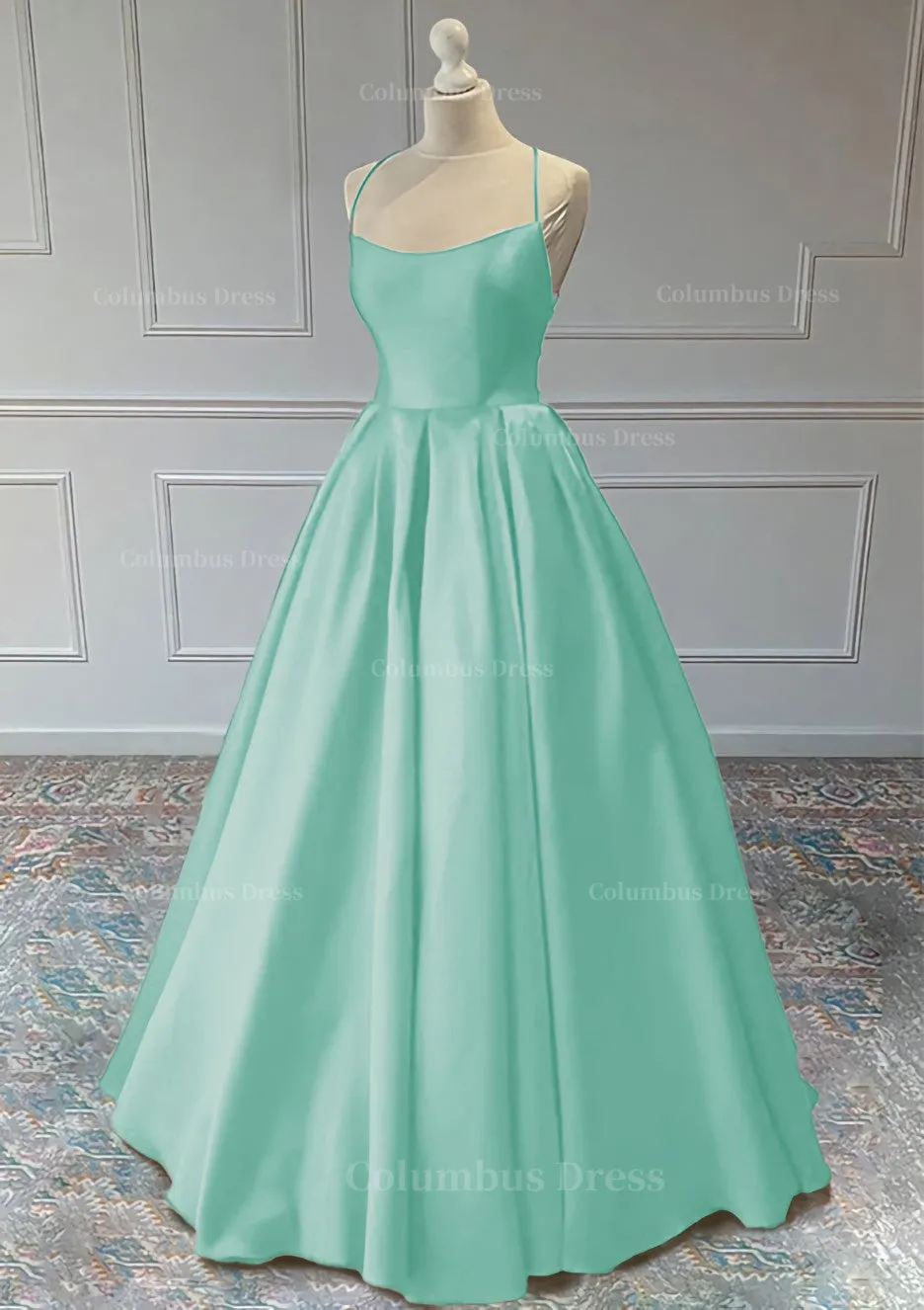 A line Sleeveless Square Neckline Long Formal Dresses, Floor-Length Satin Prom Dress