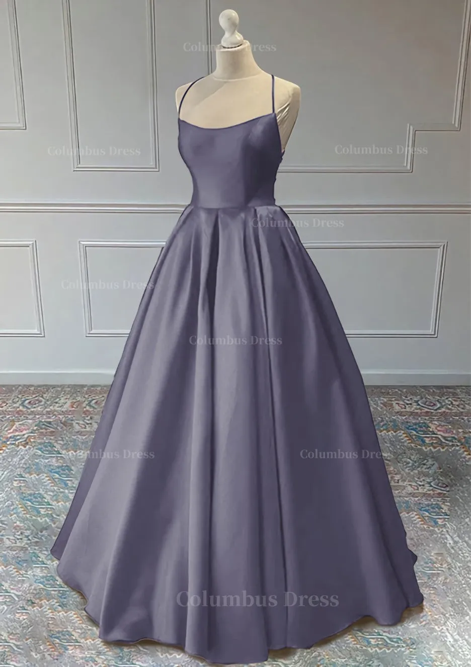 A line Sleeveless Square Neckline Long Formal Dresses, Floor-Length Satin Prom Dress