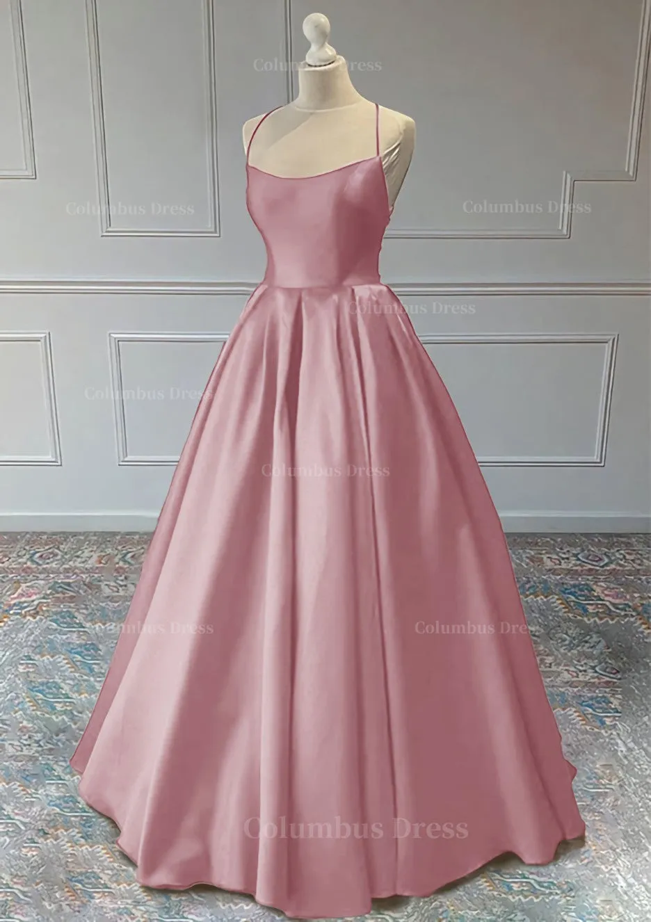 A line Sleeveless Square Neckline Long Formal Dresses, Floor-Length Satin Prom Dress