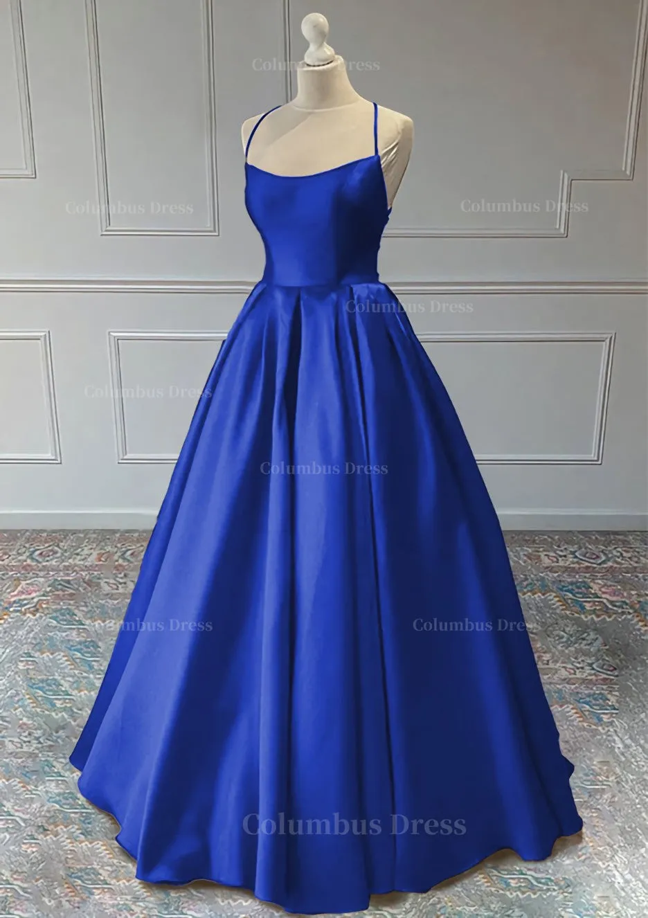 A line Sleeveless Square Neckline Long Formal Dresses, Floor-Length Satin Prom Dress