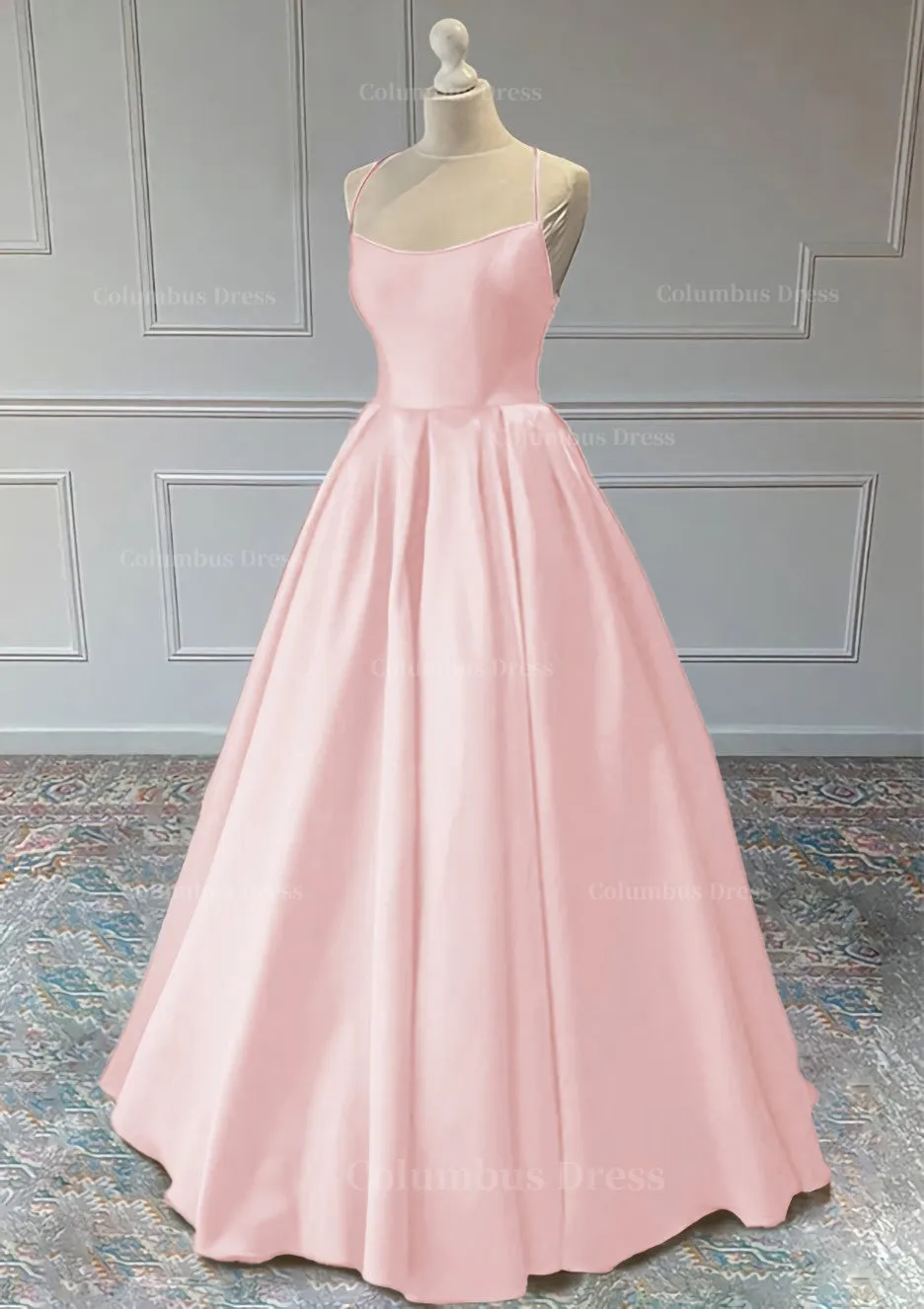 A line Sleeveless Square Neckline Long Formal Dresses, Floor-Length Satin Prom Dress