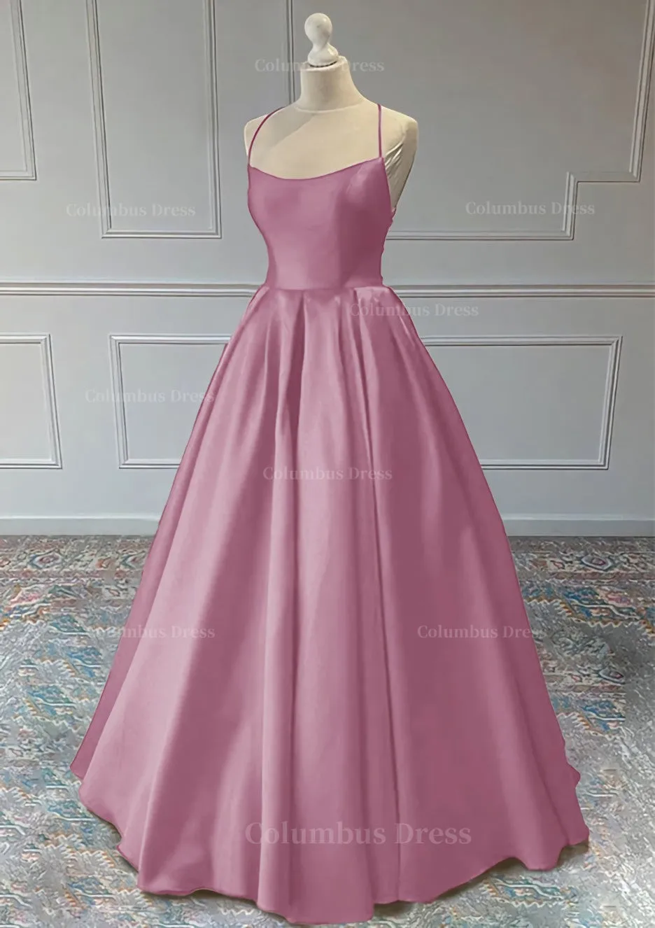 A line Sleeveless Square Neckline Long Formal Dresses, Floor-Length Satin Prom Dress