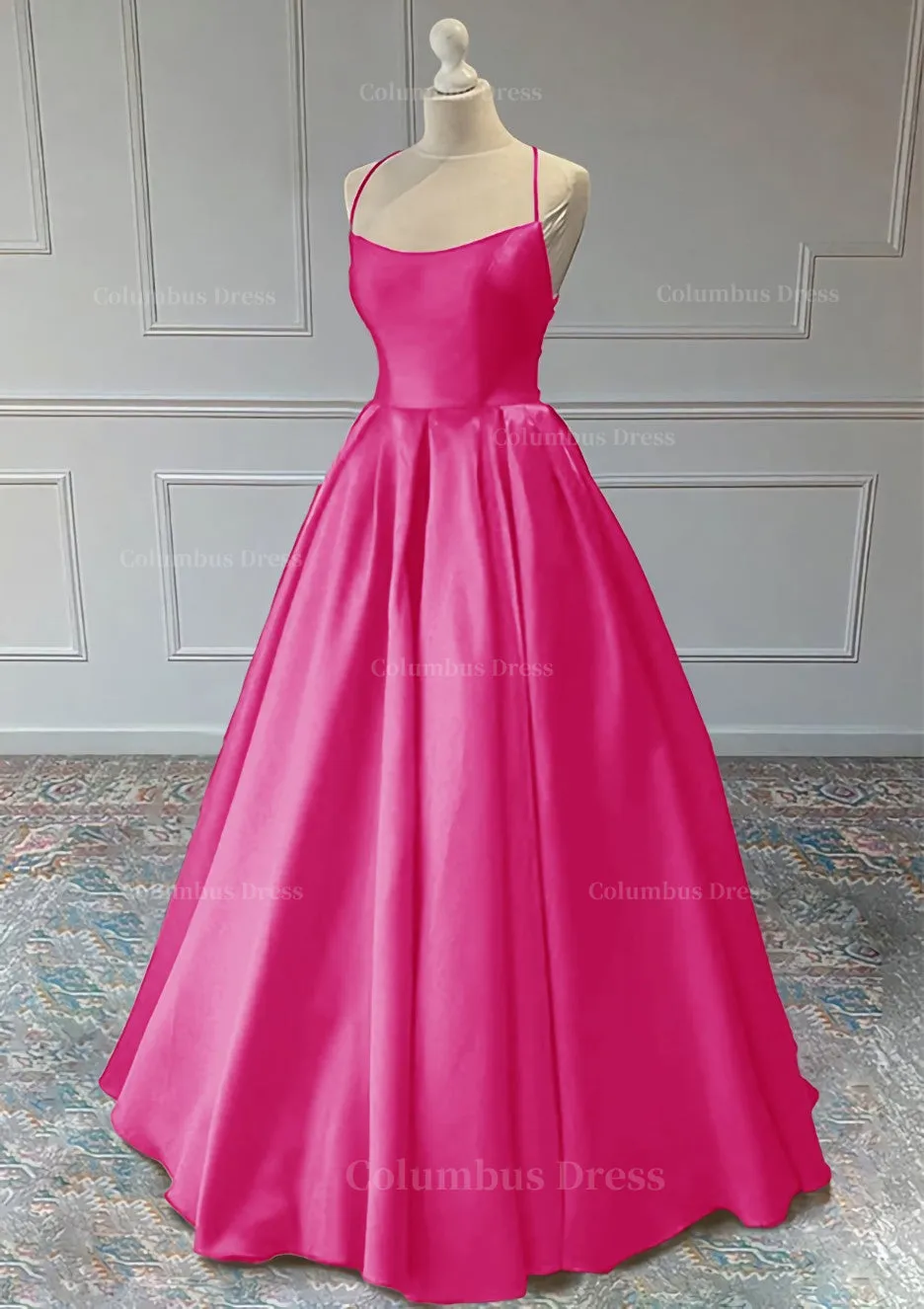 A line Sleeveless Square Neckline Long Formal Dresses, Floor-Length Satin Prom Dress