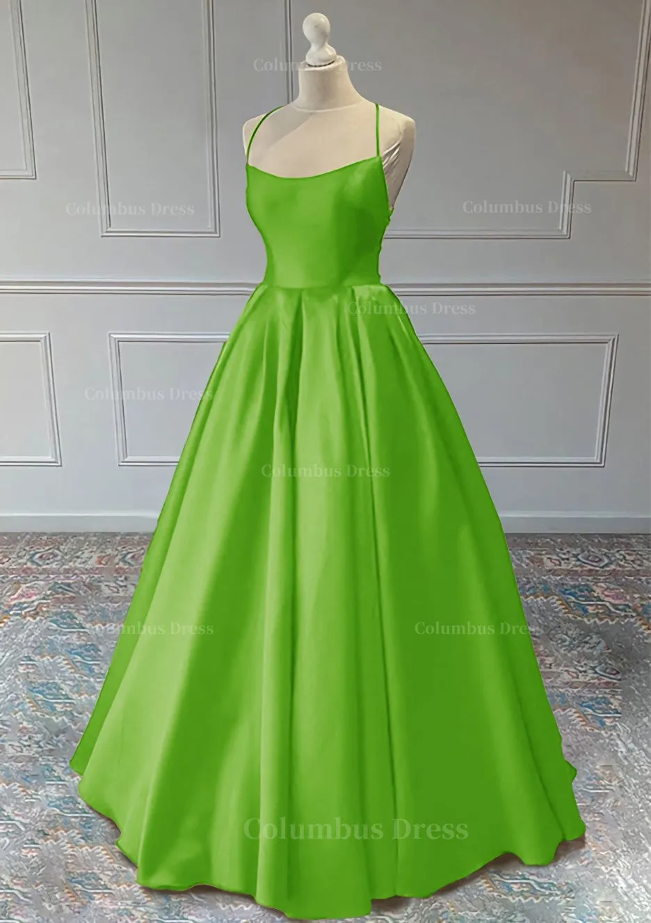 A line Sleeveless Square Neckline Long Formal Dresses, Floor-Length Satin Prom Dress