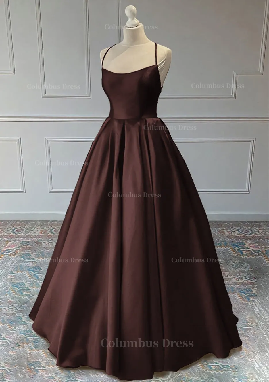 A line Sleeveless Square Neckline Long Formal Dresses, Floor-Length Satin Prom Dress