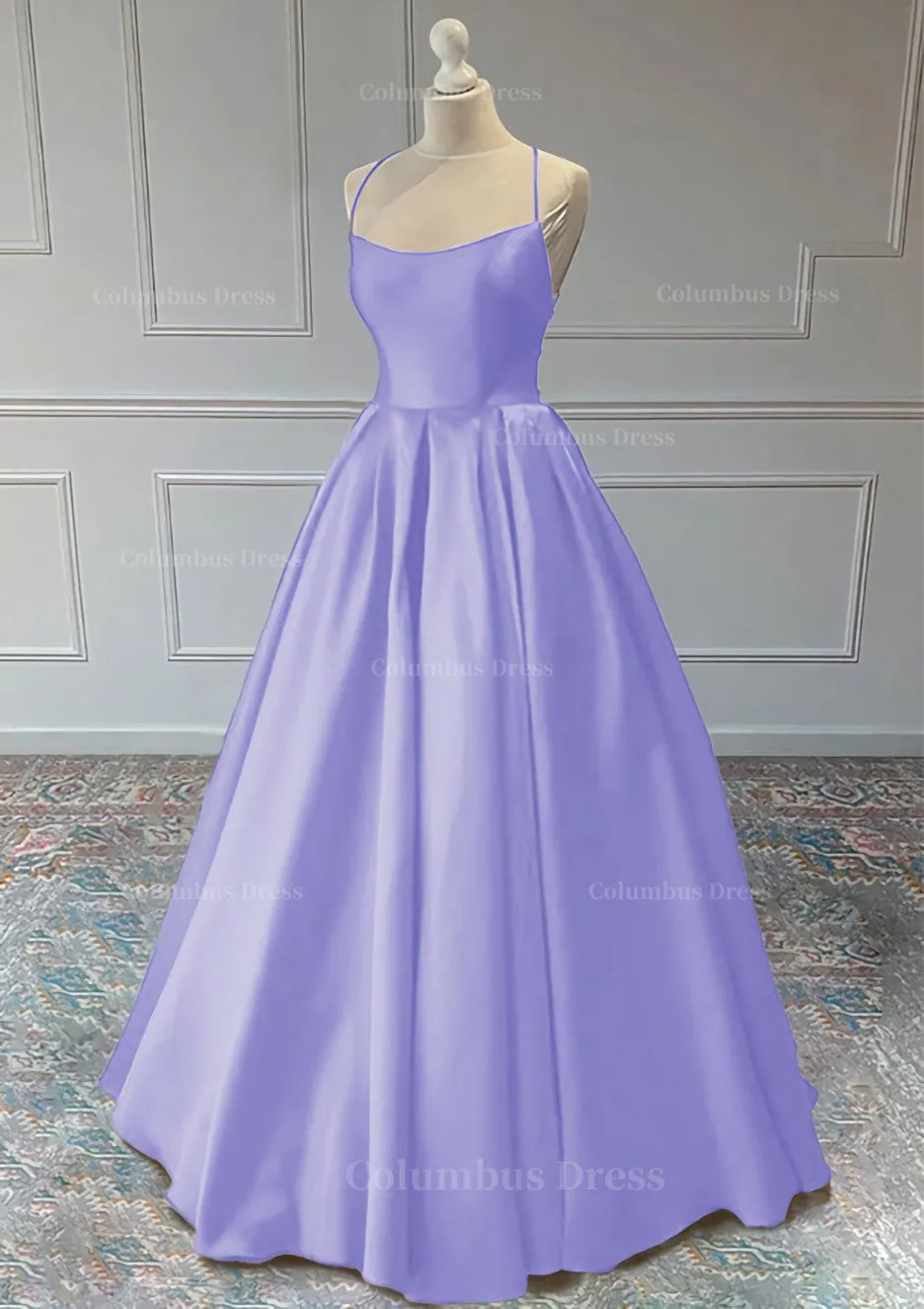 A line Sleeveless Square Neckline Long Formal Dresses, Floor-Length Satin Prom Dress