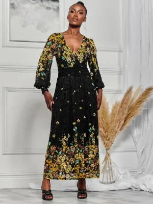 Amica Symmetrical Print Lace Maxi Dress, Yellow Floral