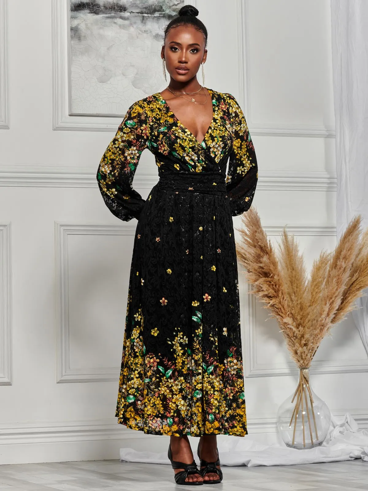 Amica Symmetrical Print Lace Maxi Dress, Yellow Floral