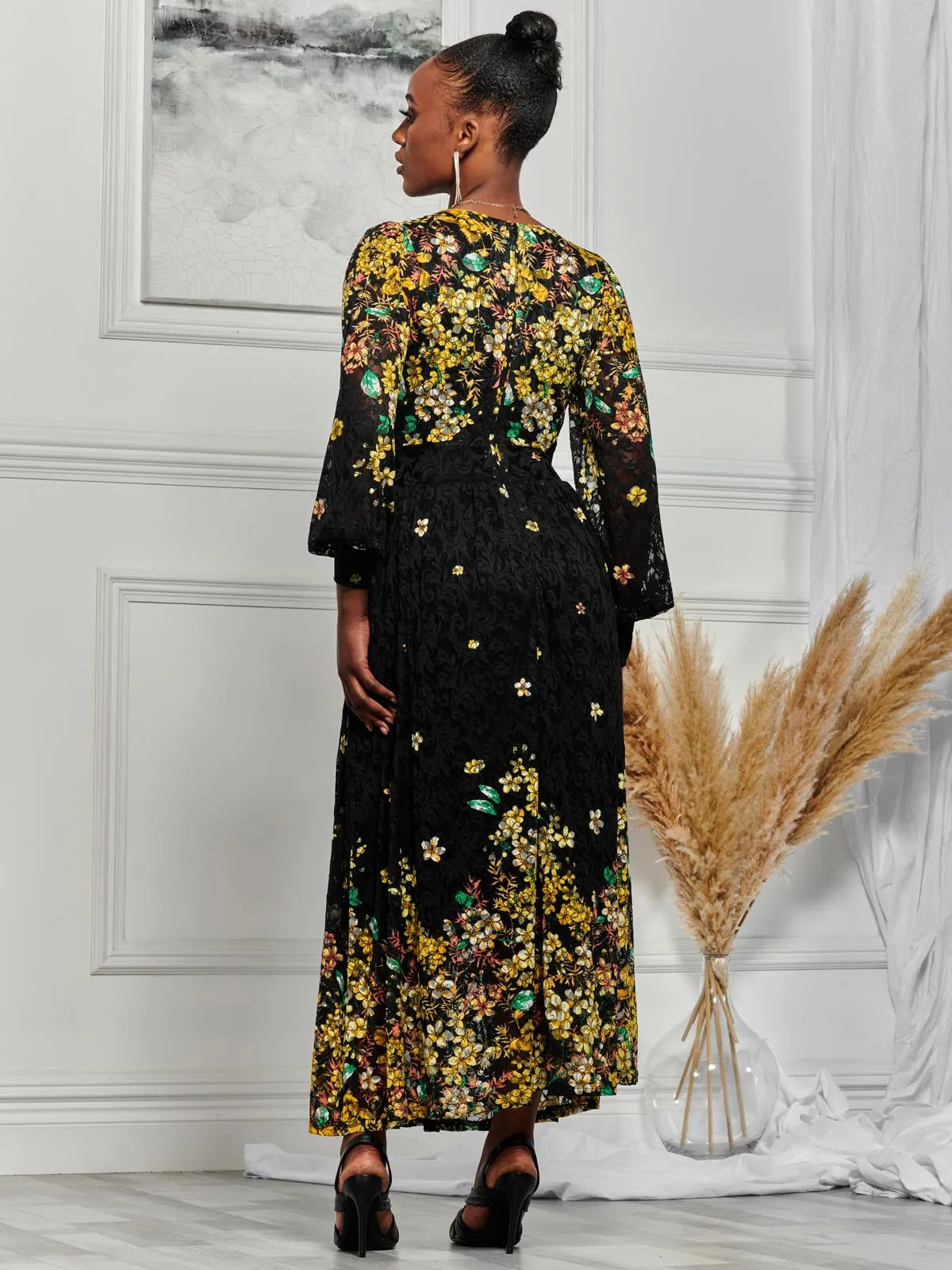 Amica Symmetrical Print Lace Maxi Dress, Yellow Floral