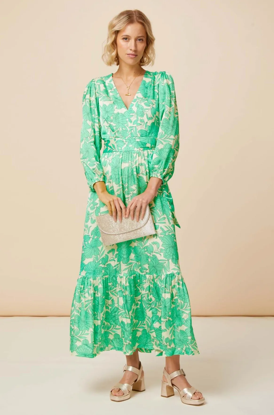 Annie Maxi Dress | Lined Floral Cream/Green