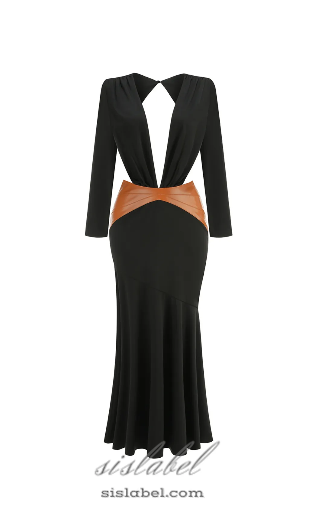 ASHLEY BLACK MAXI DRESS WITH OPEN BACK AND LEATHER PANE