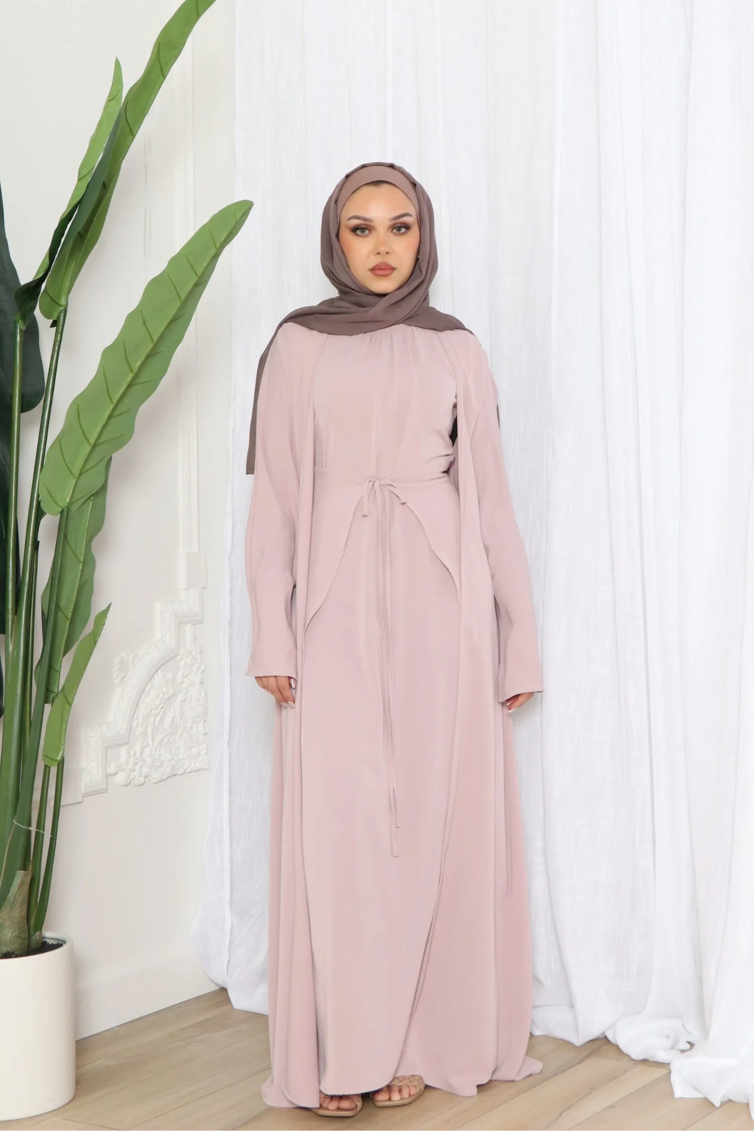 Aurora Tie Abaya Set- Rose Pink