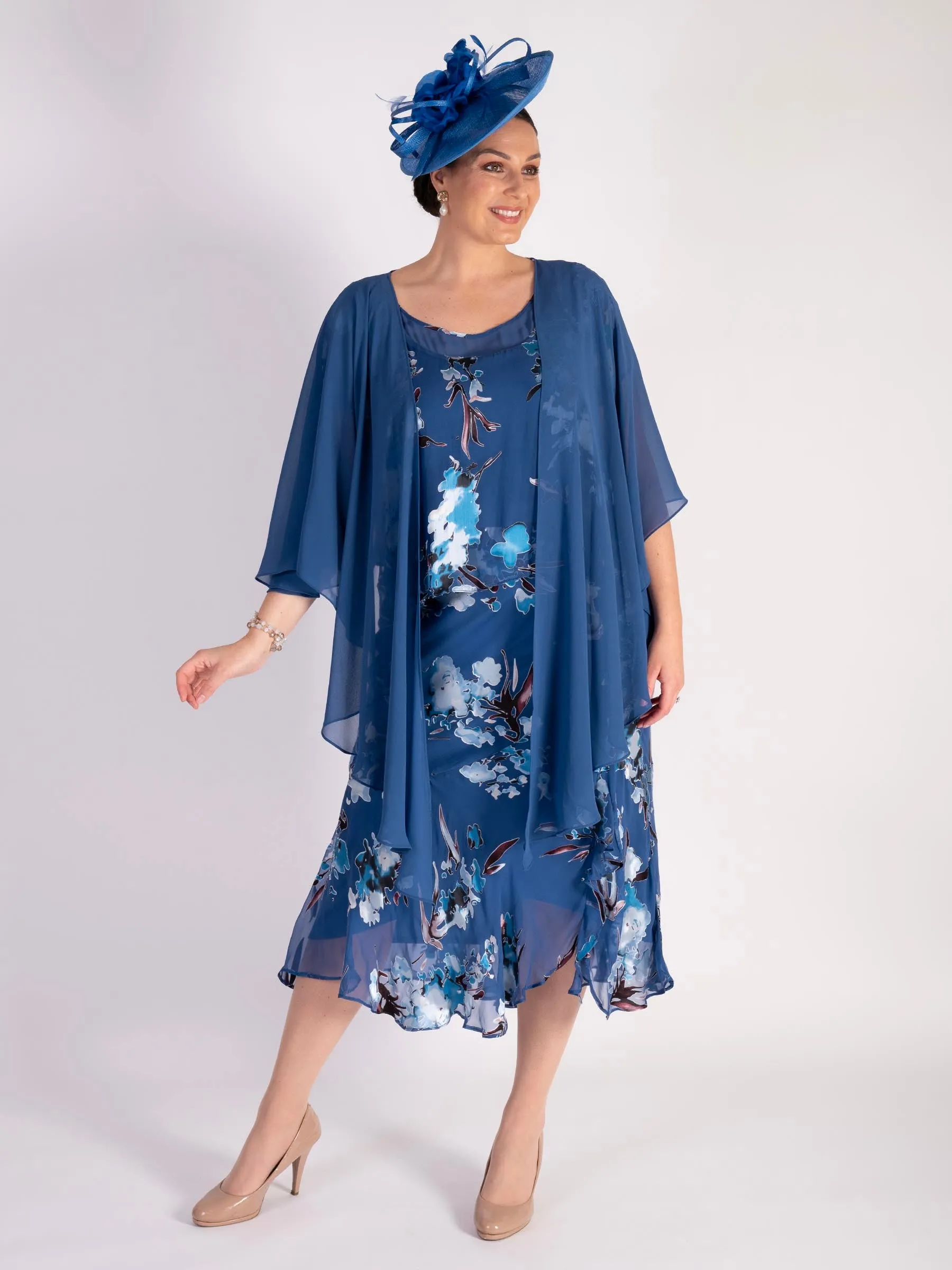 Azure Floral Print Layered Silk Devore Dress