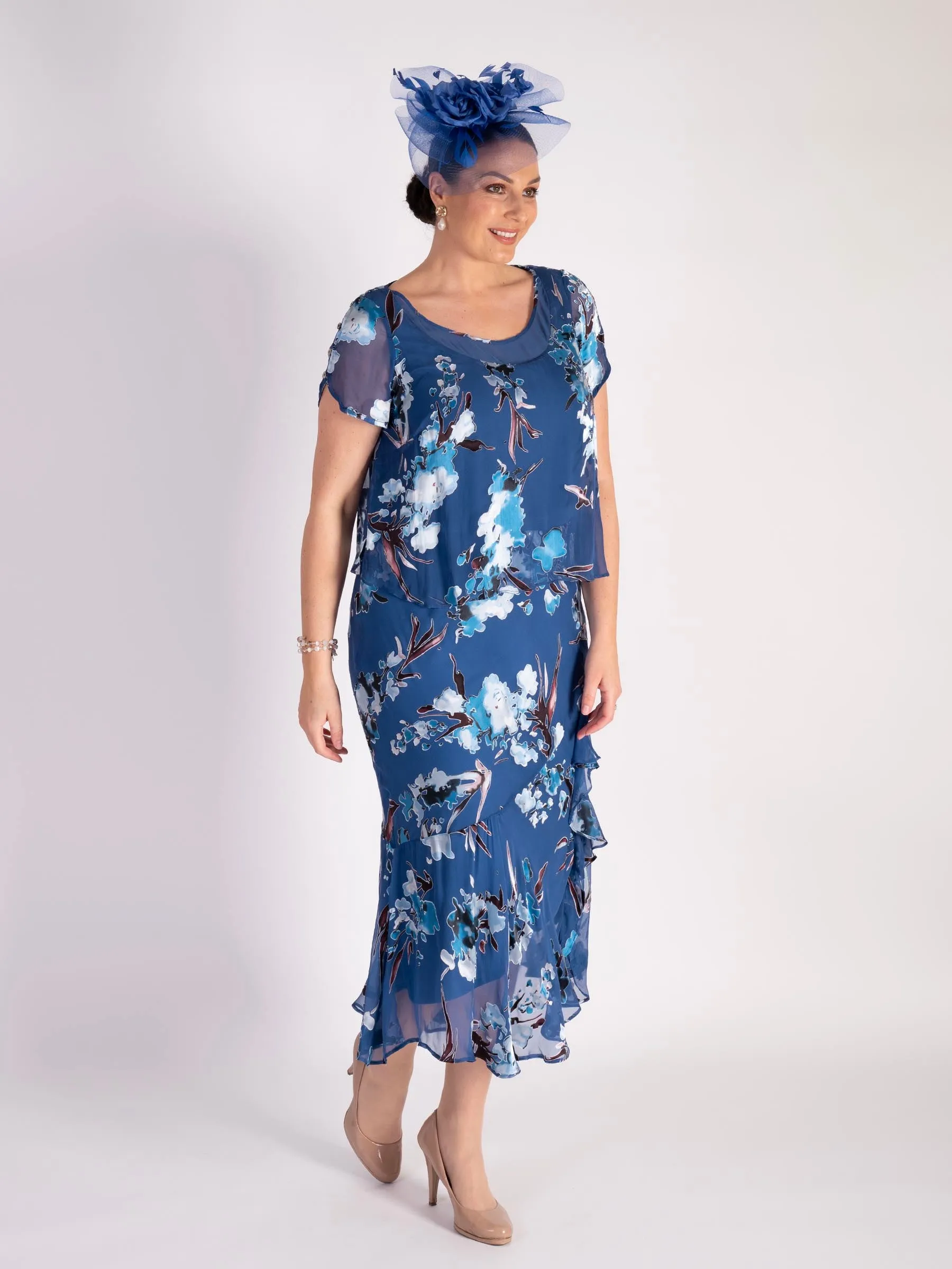 Azure Floral Print Layered Silk Devore Dress