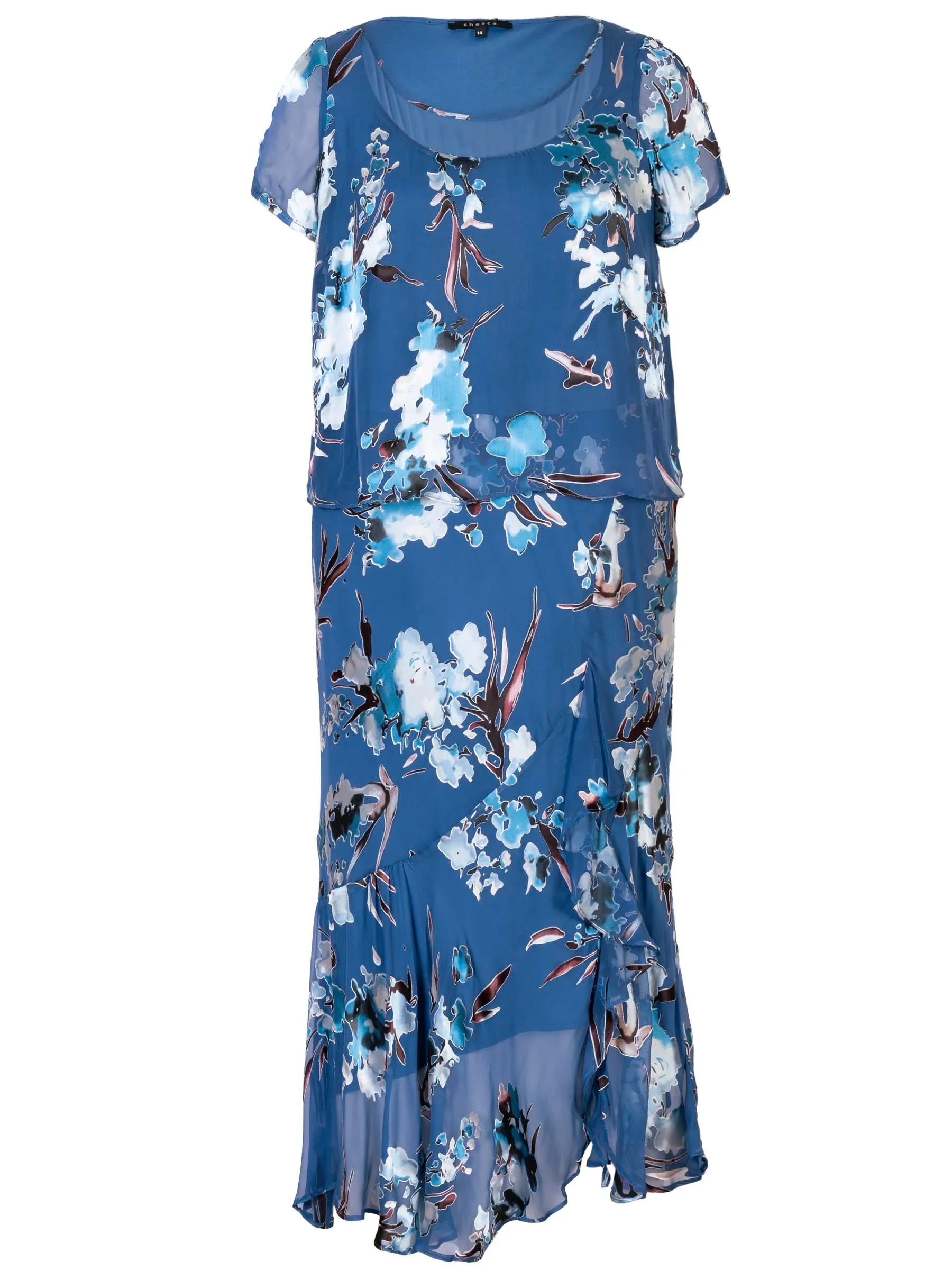 Azure Floral Print Layered Silk Devore Dress