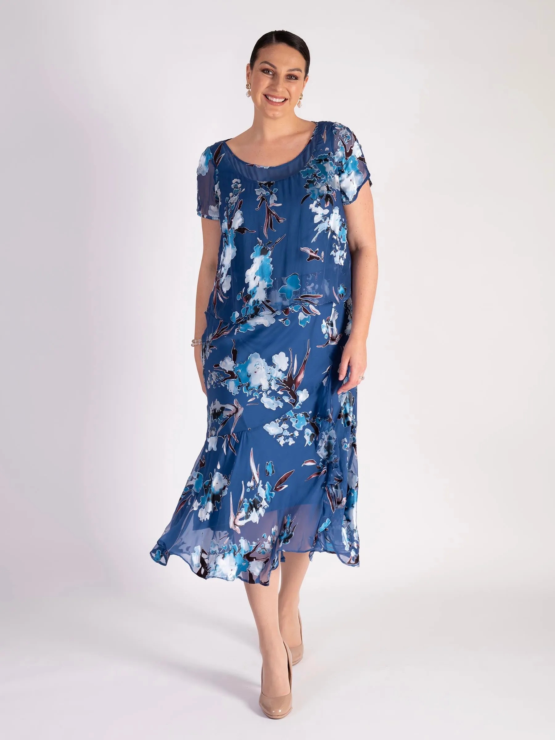 Azure Floral Print Layered Silk Devore Dress