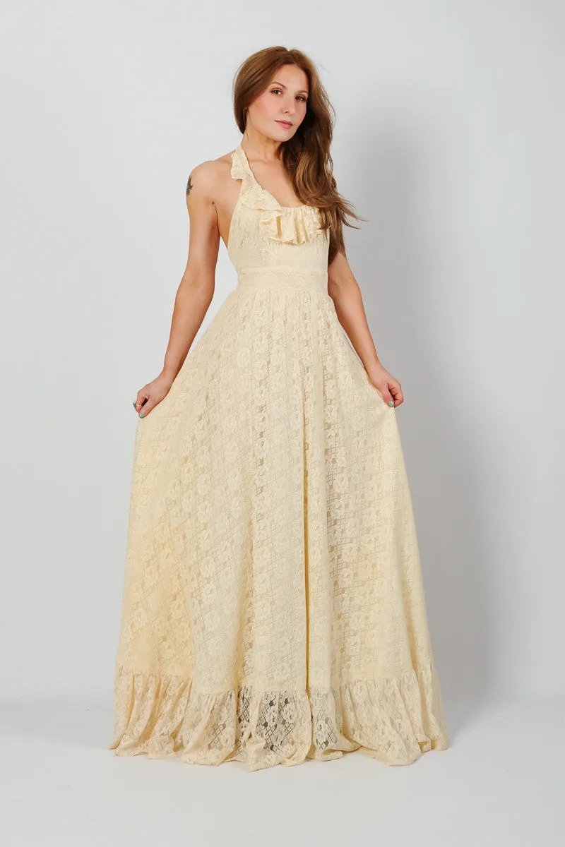 Backless Cream Lace Halter Dress