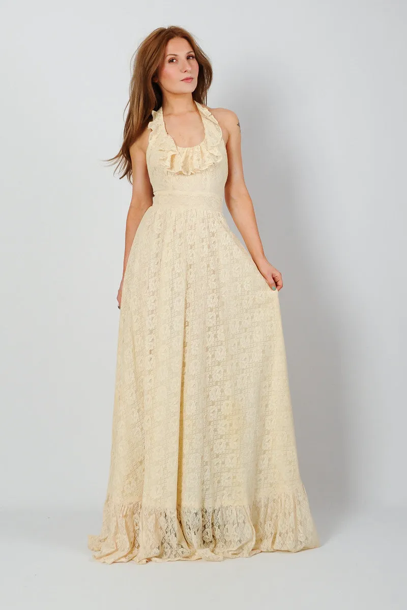 Backless Cream Lace Halter Dress