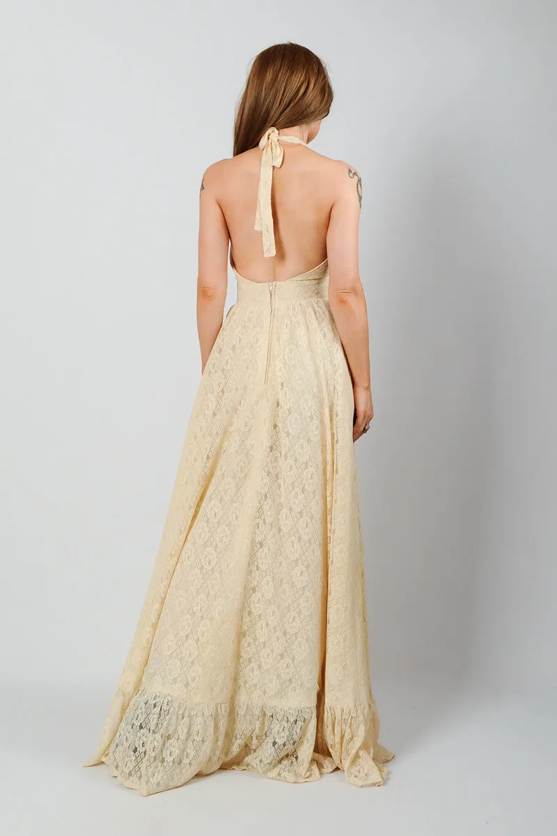 Backless Cream Lace Halter Dress