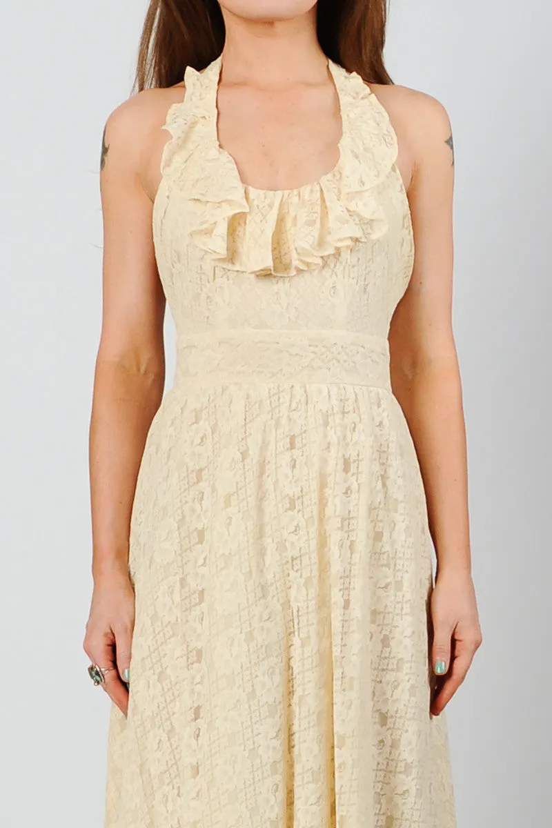 Backless Cream Lace Halter Dress