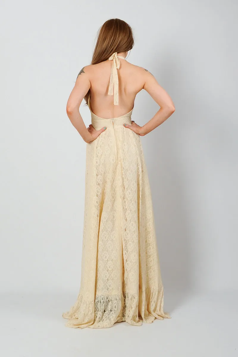 Backless Cream Lace Halter Dress