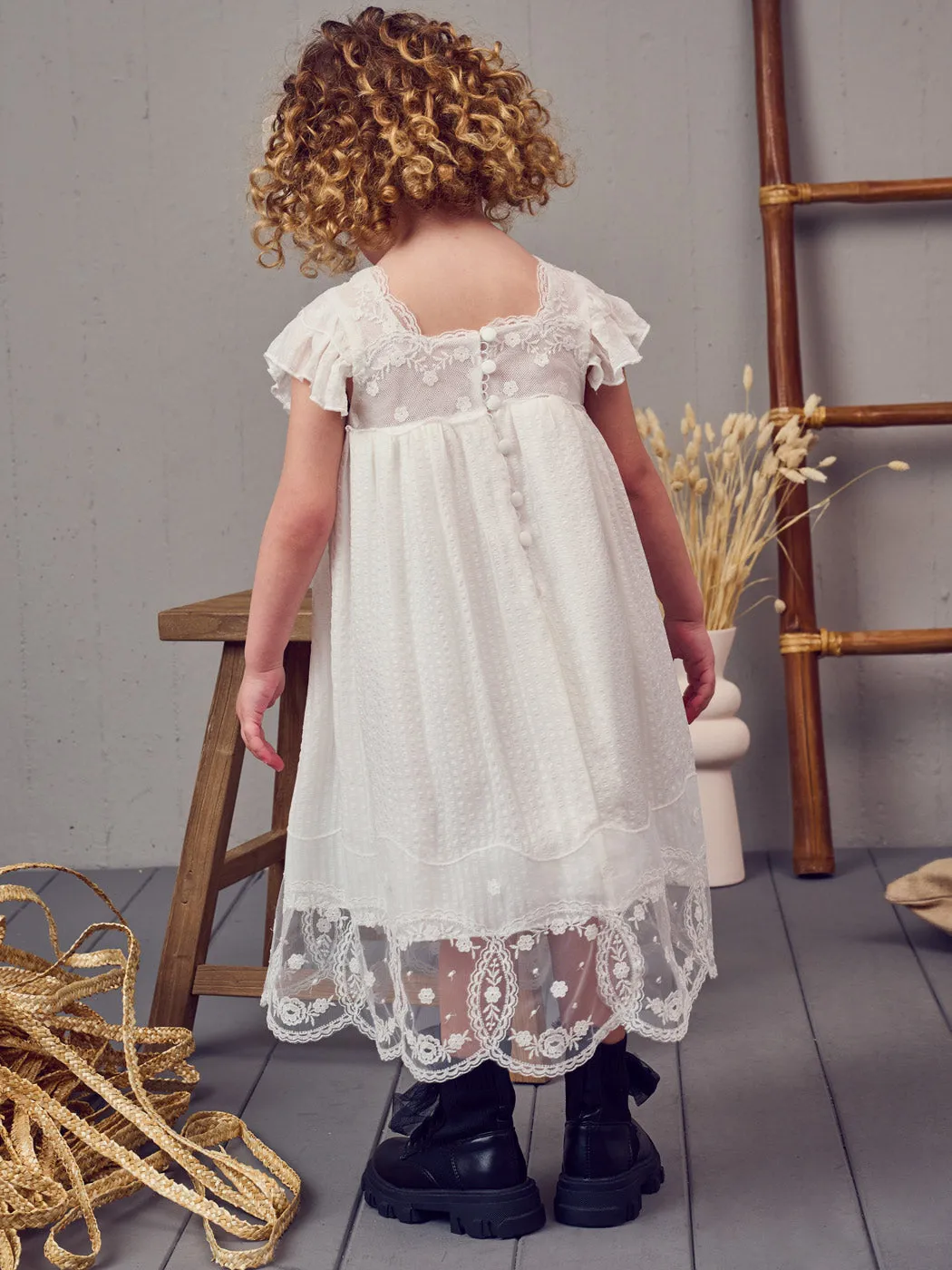 Baptism silk dress with lace - MARILITA