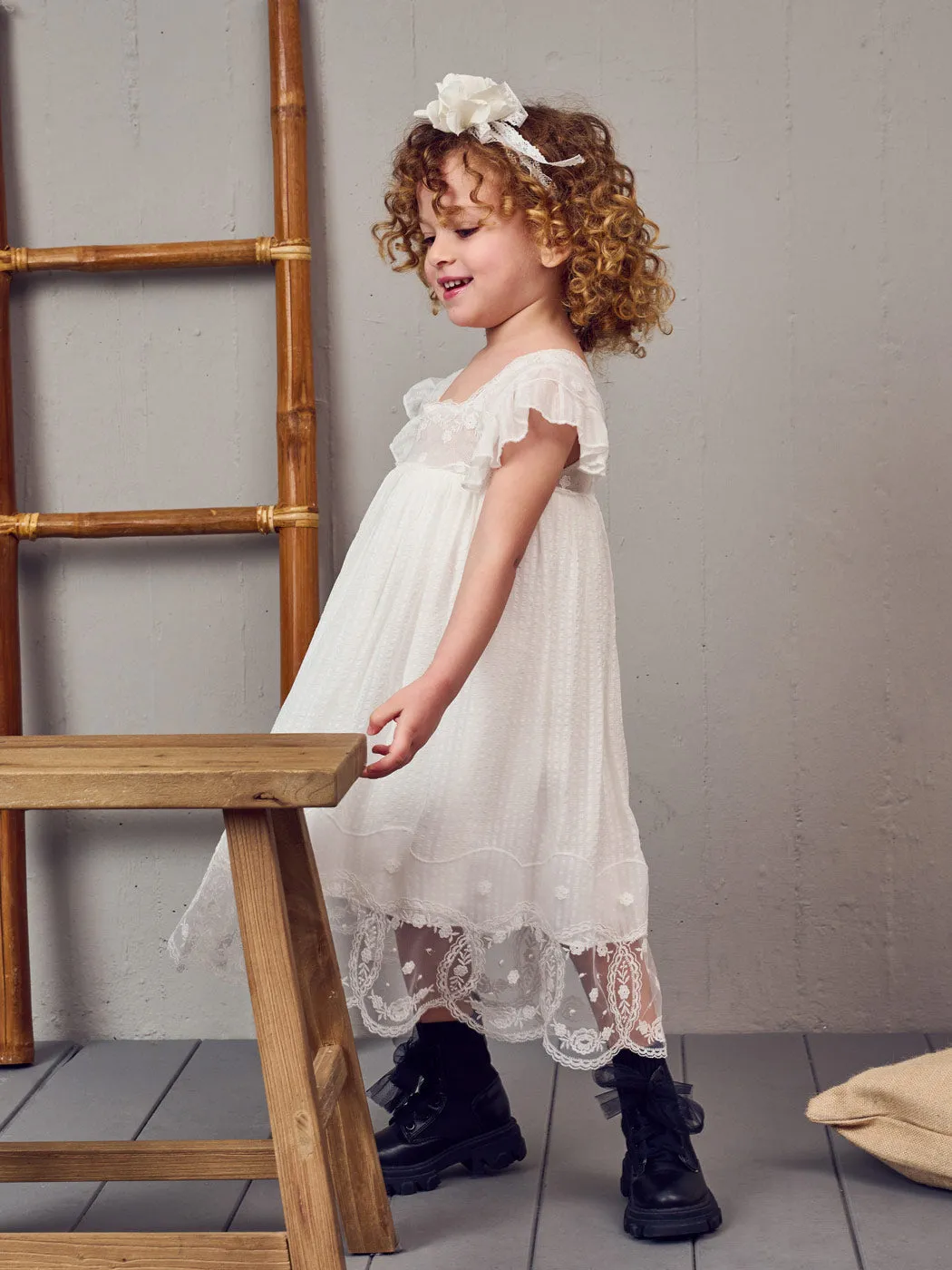 Baptism silk dress with lace - MARILITA