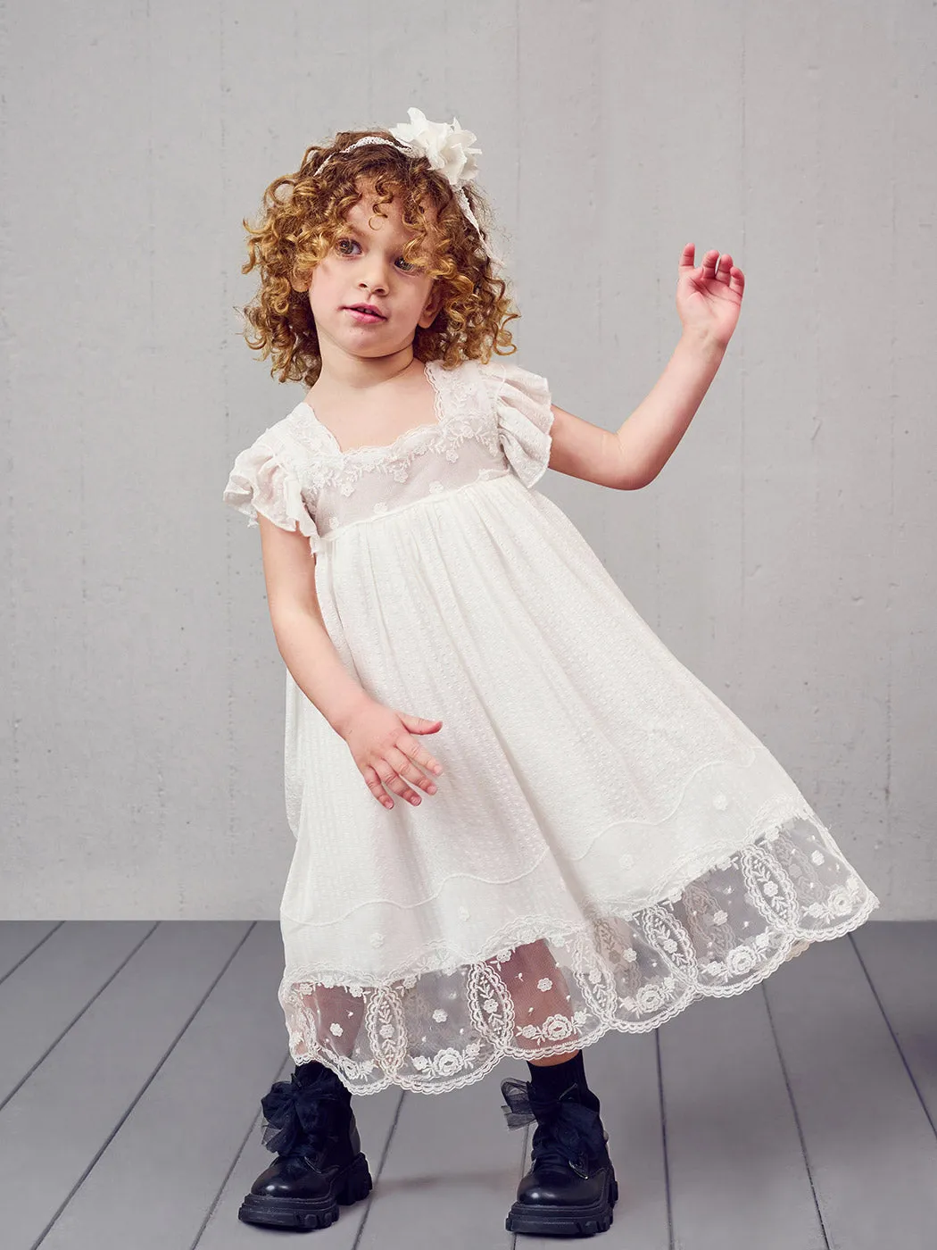 Baptism silk dress with lace - MARILITA