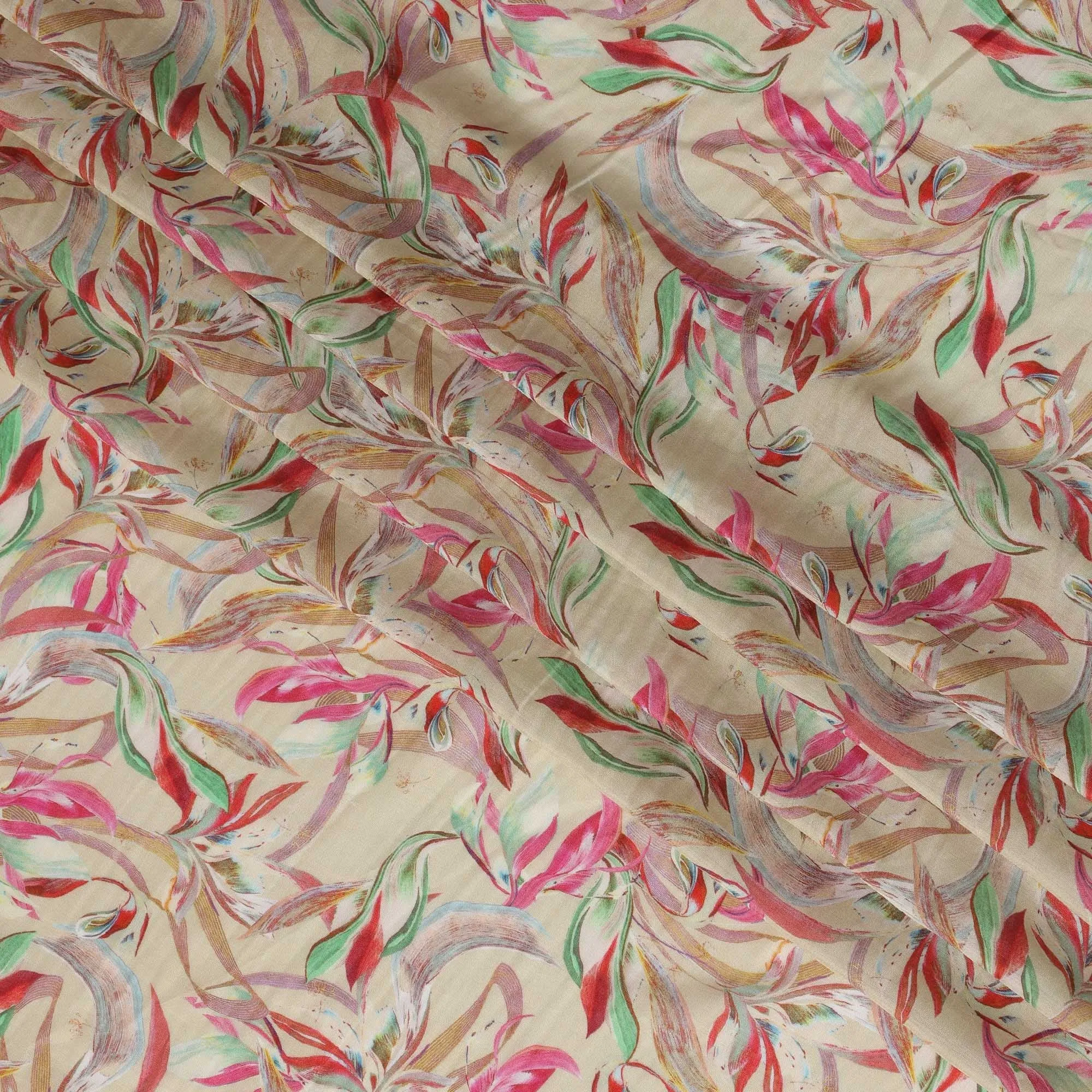 Beige Viscose Cotton Digital Printed Fabric with Abstract Leaf Design, 110 cm Width-D21341