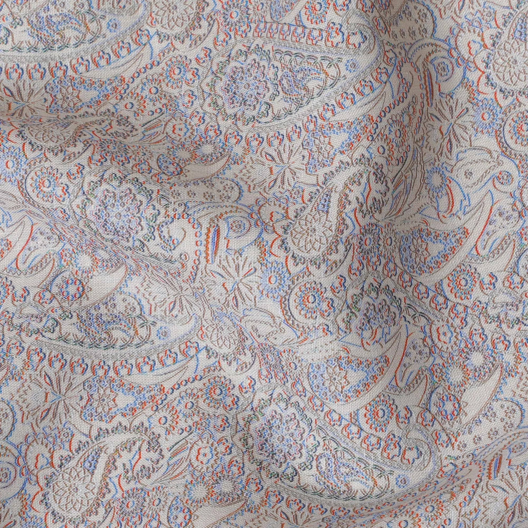 Beige with Blue and Orange Paisley Pure Linen Fabric - 150 cm Width-D19996