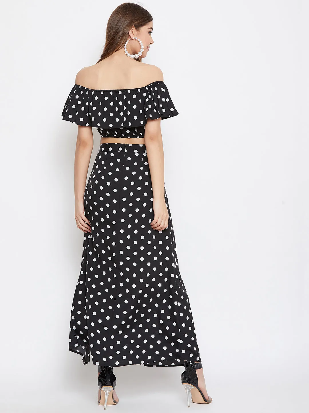 Berrylush Women Black & White Polka Dot Printed Off-Shoulder Co-Ordinate Maxi Dress