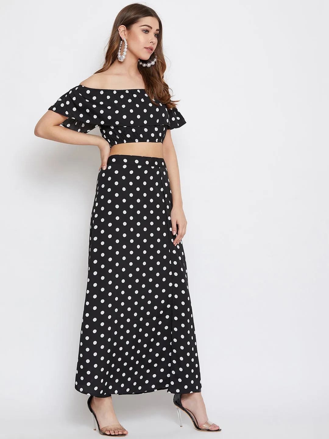 Berrylush Women Black & White Polka Dot Printed Off-Shoulder Co-Ordinate Maxi Dress